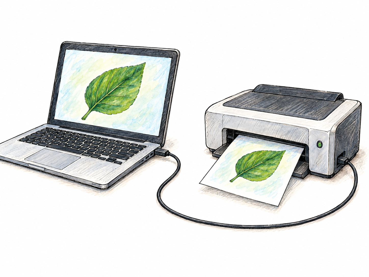 A clearly visible cable connects a laptop to a printer; the same simple leaf picture on the laptop screen and the emerging print makes the connection between the two devices concrete.