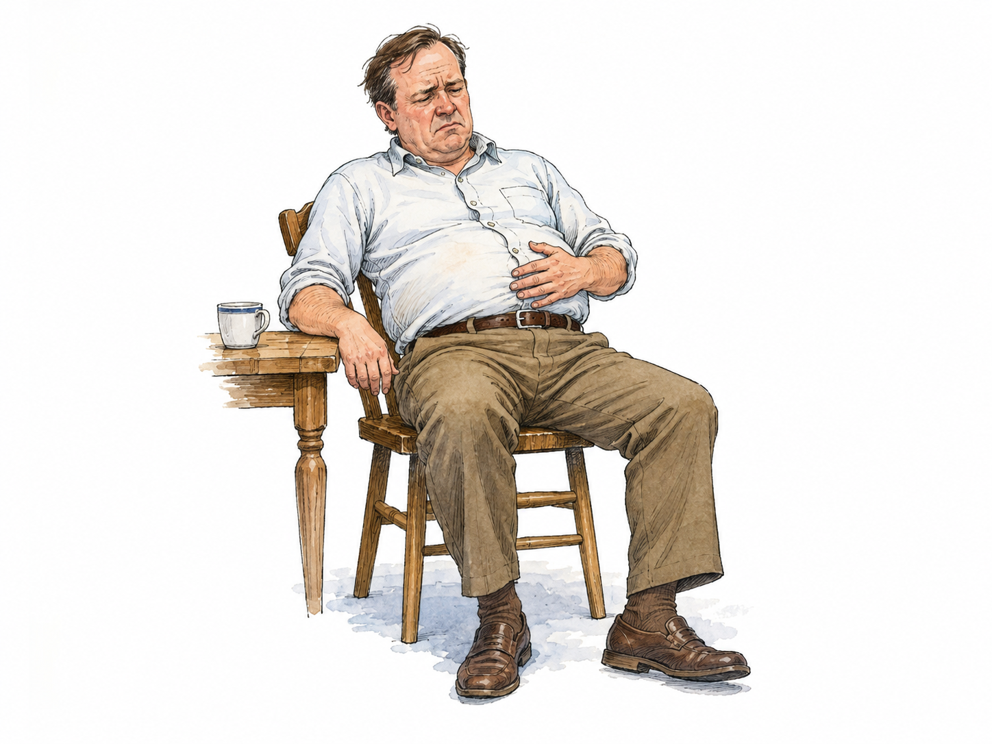 Man with bloated belly sits uncomfortable, hand resting on clothed abdomen; subtle no odor clouds or crude humor.