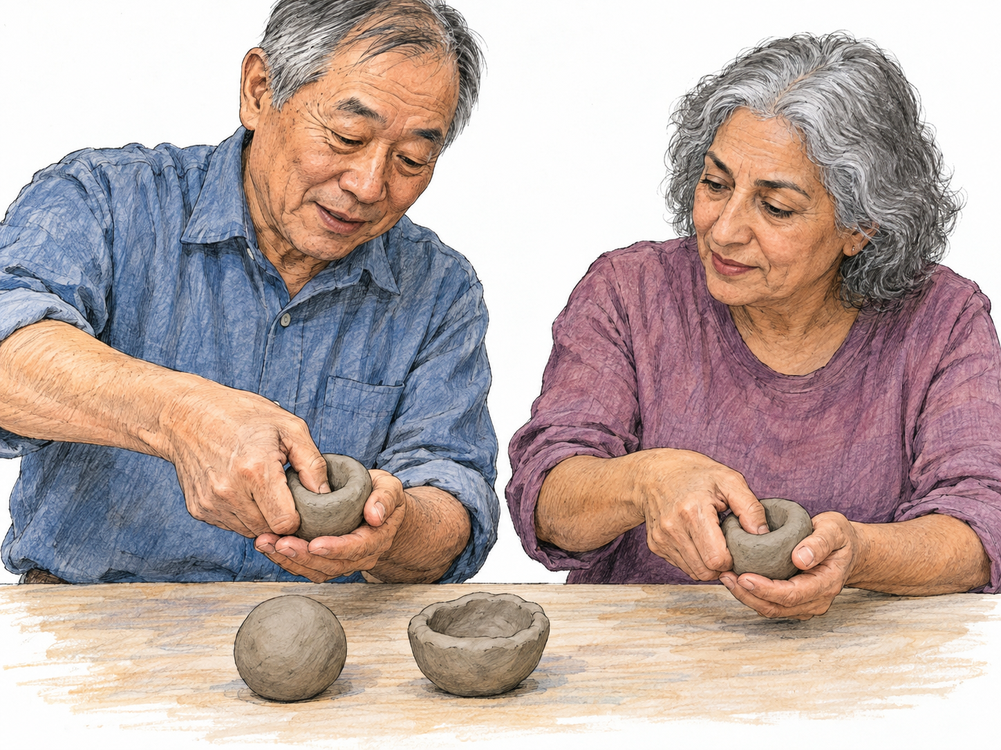 An introductory pottery lesson: an instructor slowly demonstrates making a simple thumb hollow in a ball of clay while a beginner copies the same first step.