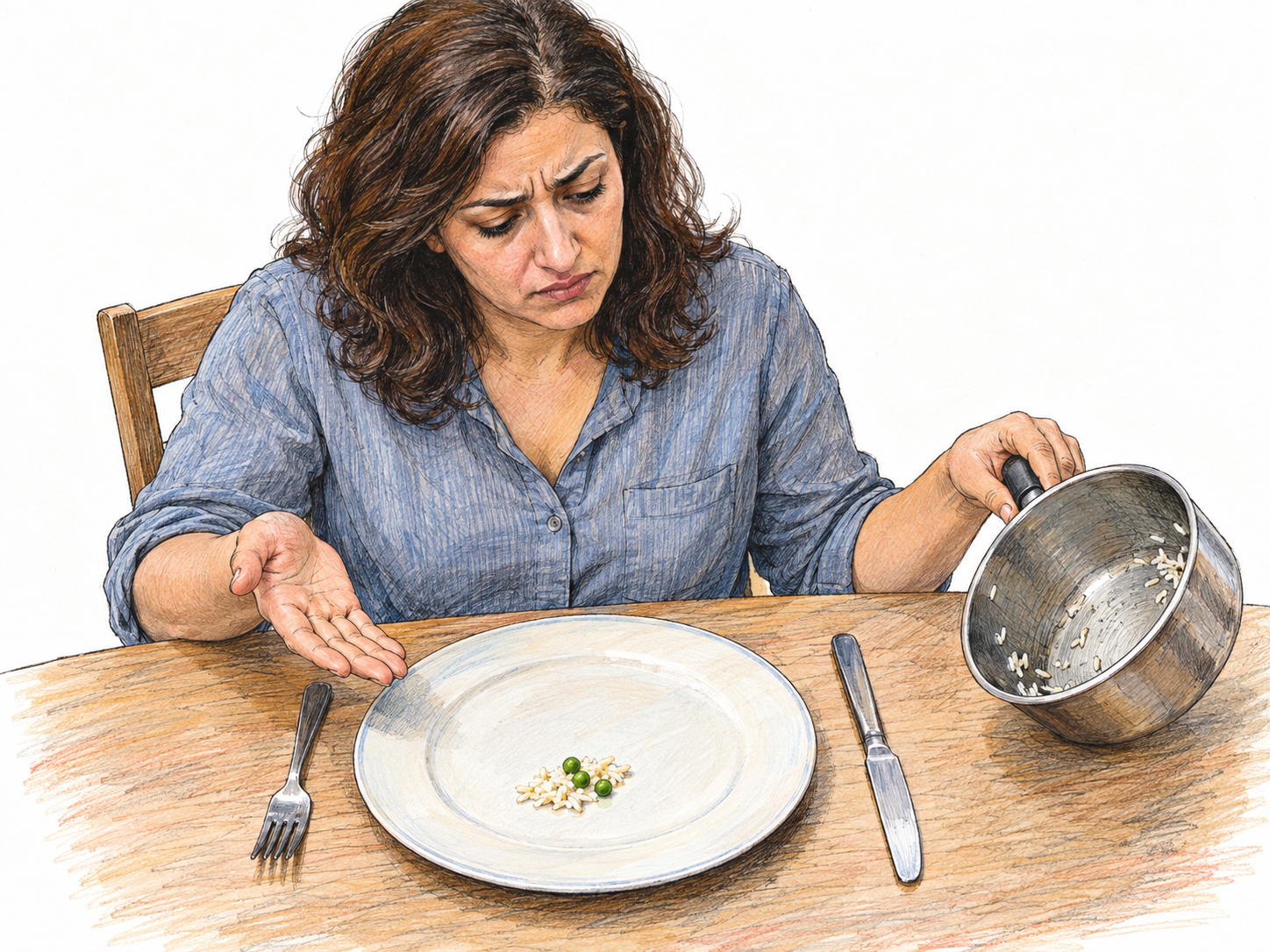 A woman looks dismayed at a meager meal: just a tiny spoonful of rice and three peas on a full-sized dinner plate, with an empty serving saucepan beside it.