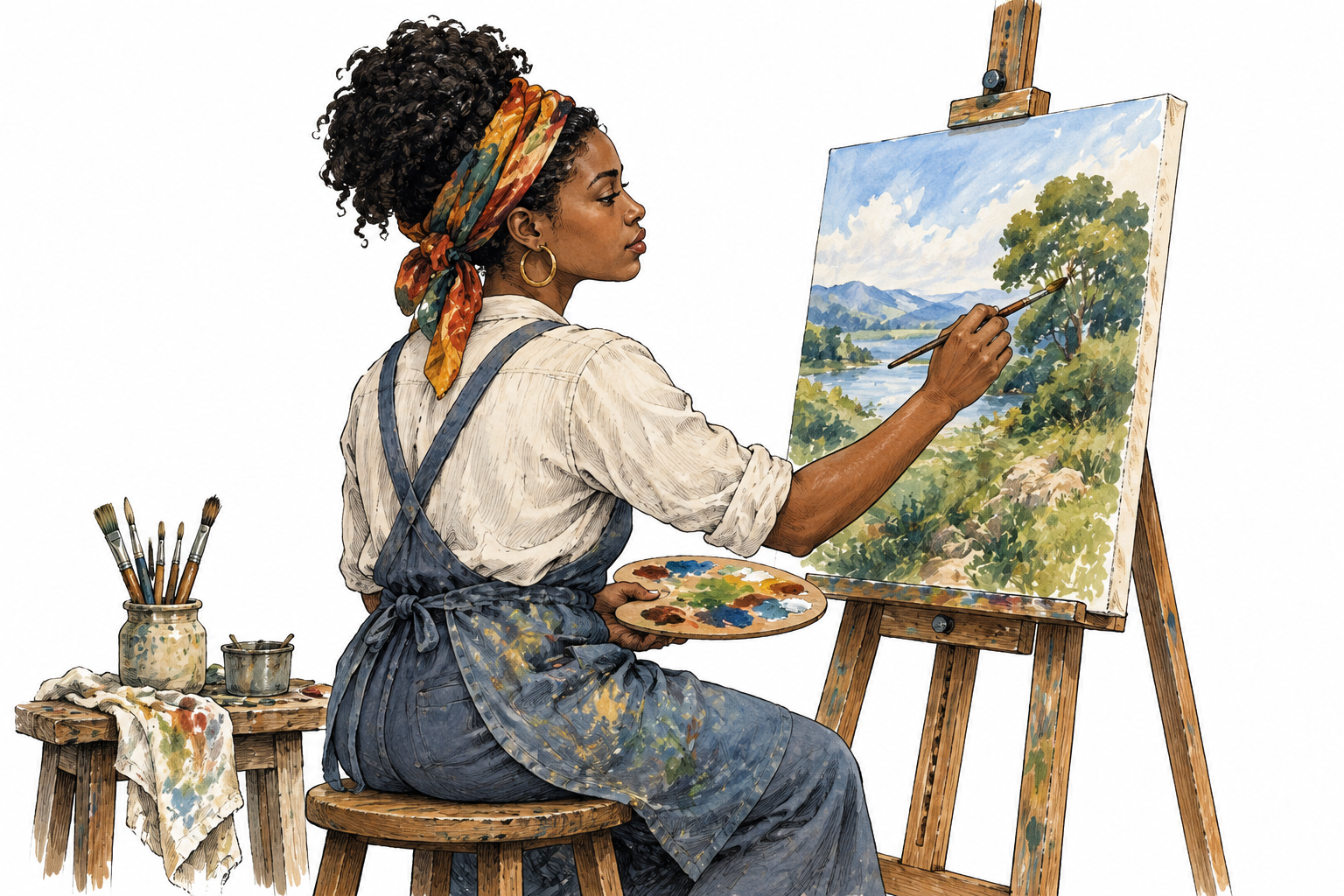 A Black woman artist paints a landscape on canvas at an easel, visible thoughtful creation and palette, no writing.