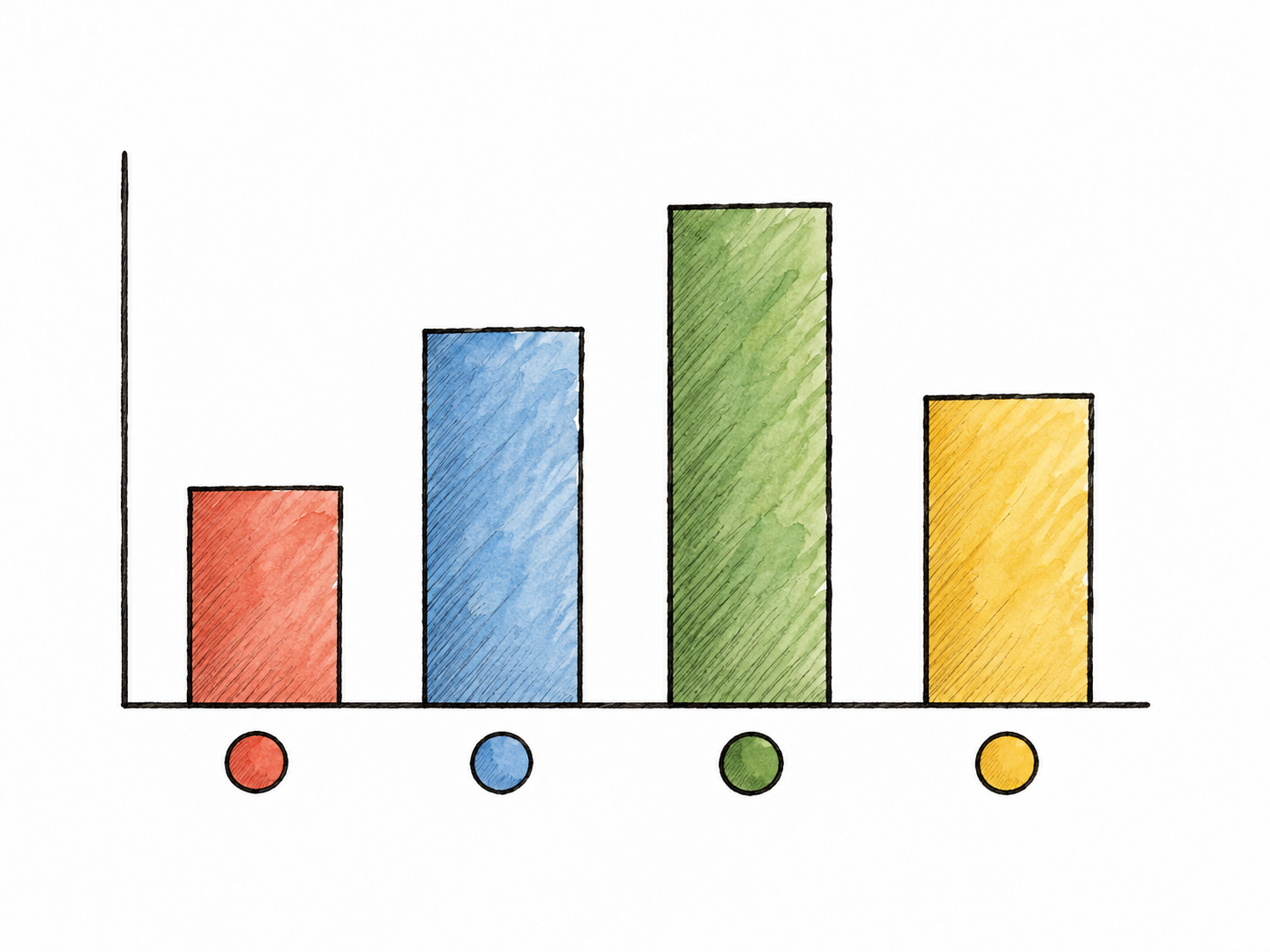 A clean hand-drawn bar chart with four distinct bars above plain baseline, small round colored category symbols below, no lettering or numbers.