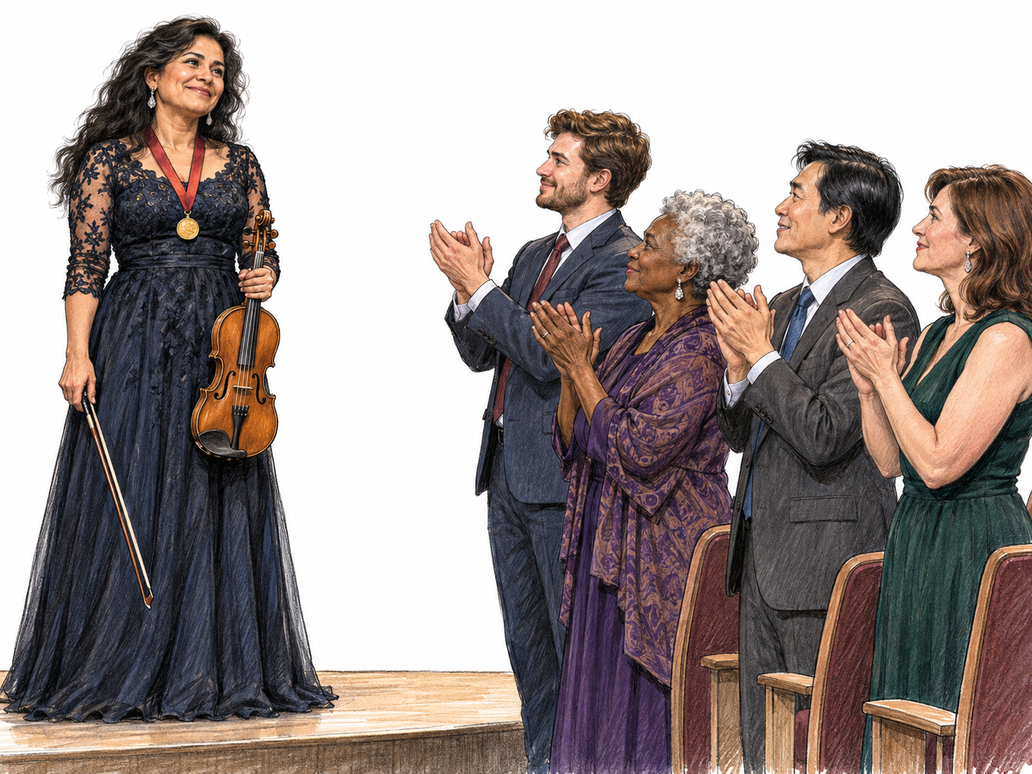 An accomplished concert musician receives a standing ovation: a distinguished violinist wearing an award medal stands at the front of a minimal stage while audience members rise and applaud her with admiring expressions.