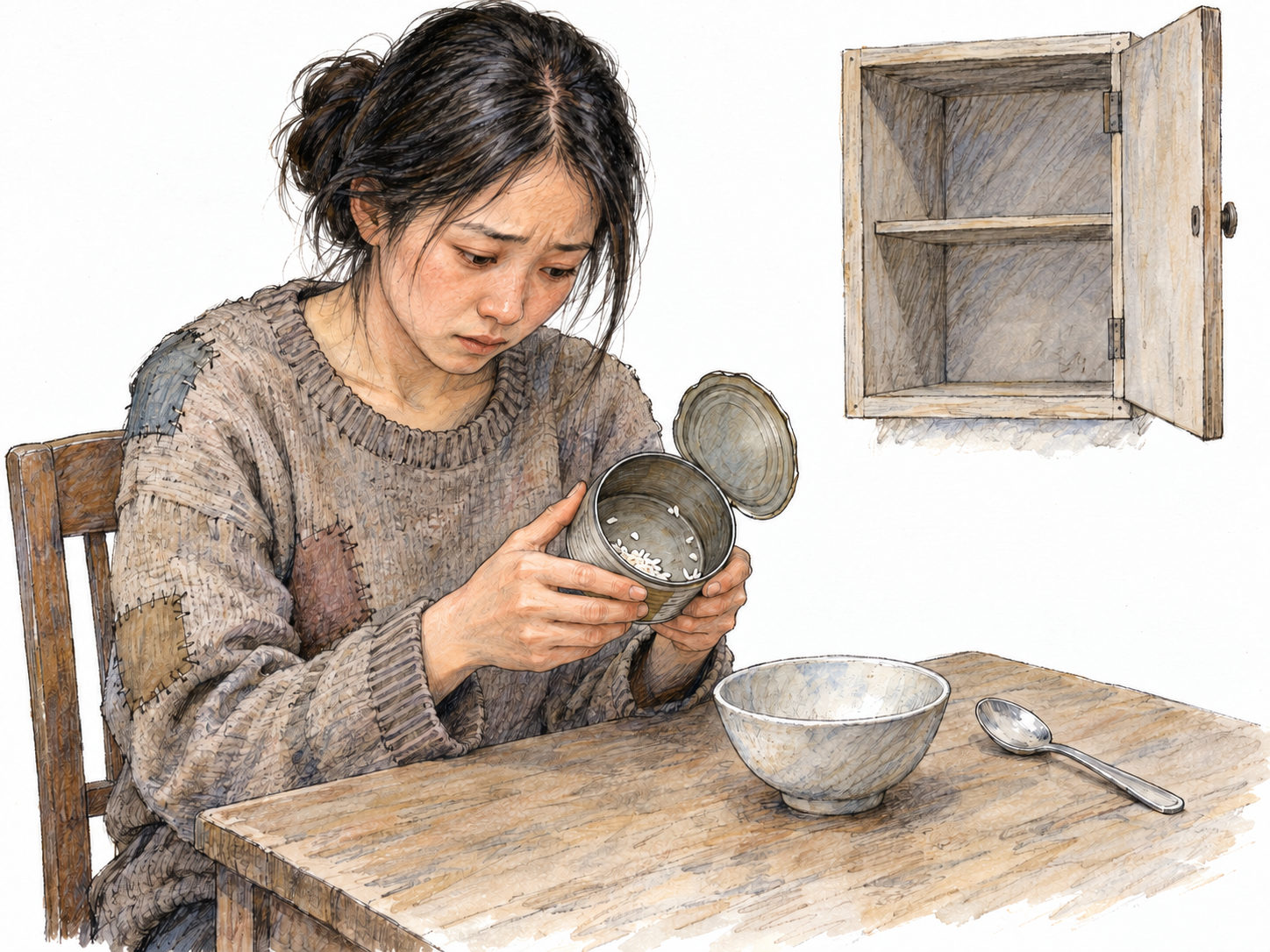 A young adult East Asian woman sits at a small bare kitchen table, checking an almost empty food tin beside an empty bowl.
