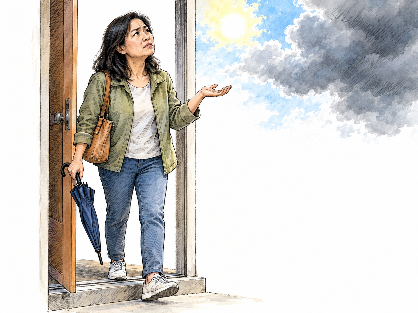 Uncertainty whether rain will arrive: a woman preparing to go out pauses at an open doorway, looking toward mixed sunshine and approaching dark clouds while holding a closed umbrella undecidedly.