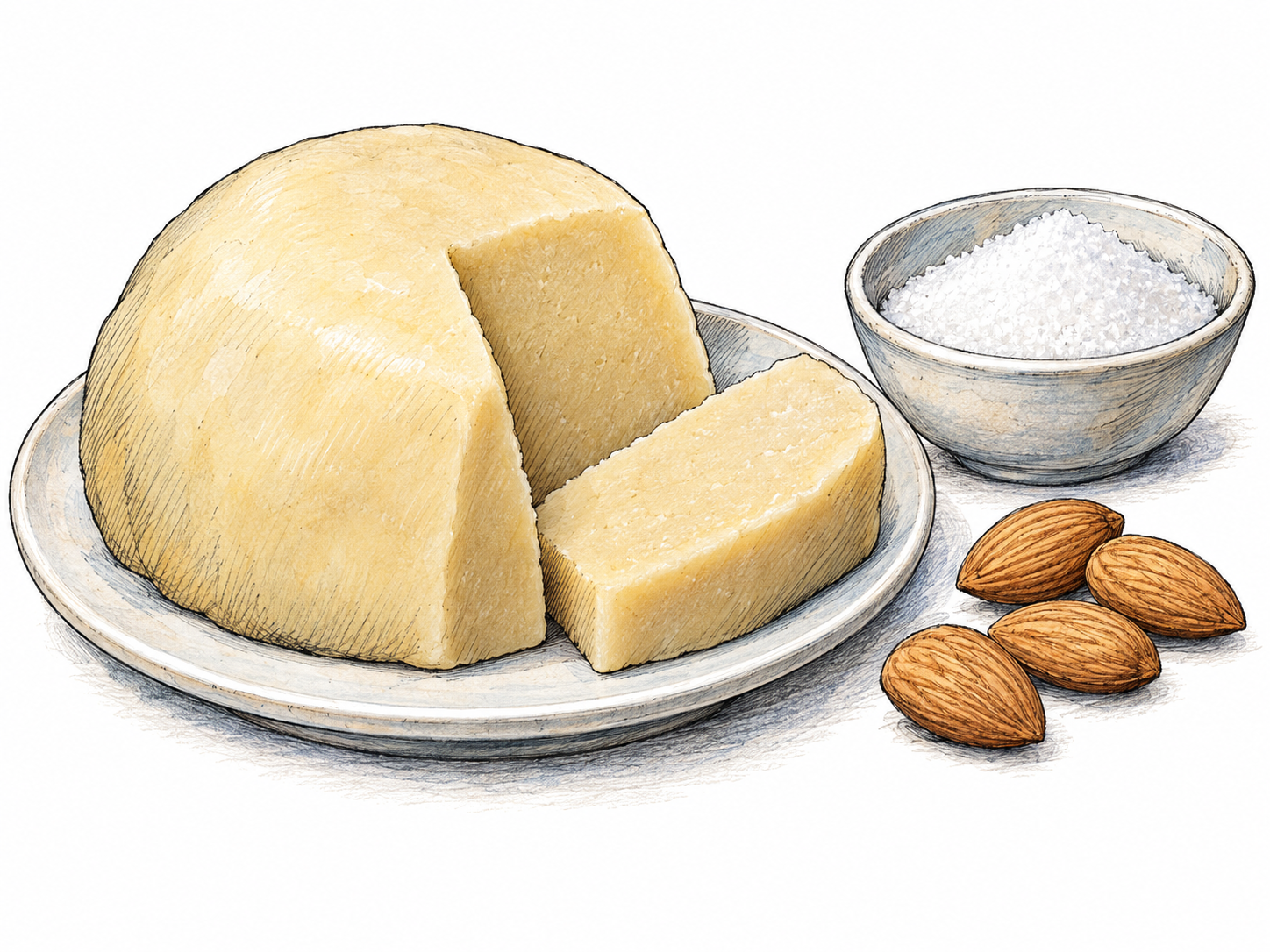 A pale ivory mound of marzipan on a small plain plate, with a cut slice revealing its dense, smooth paste texture; a few almonds and a small dish of granulated sugar make the ingredients clear.