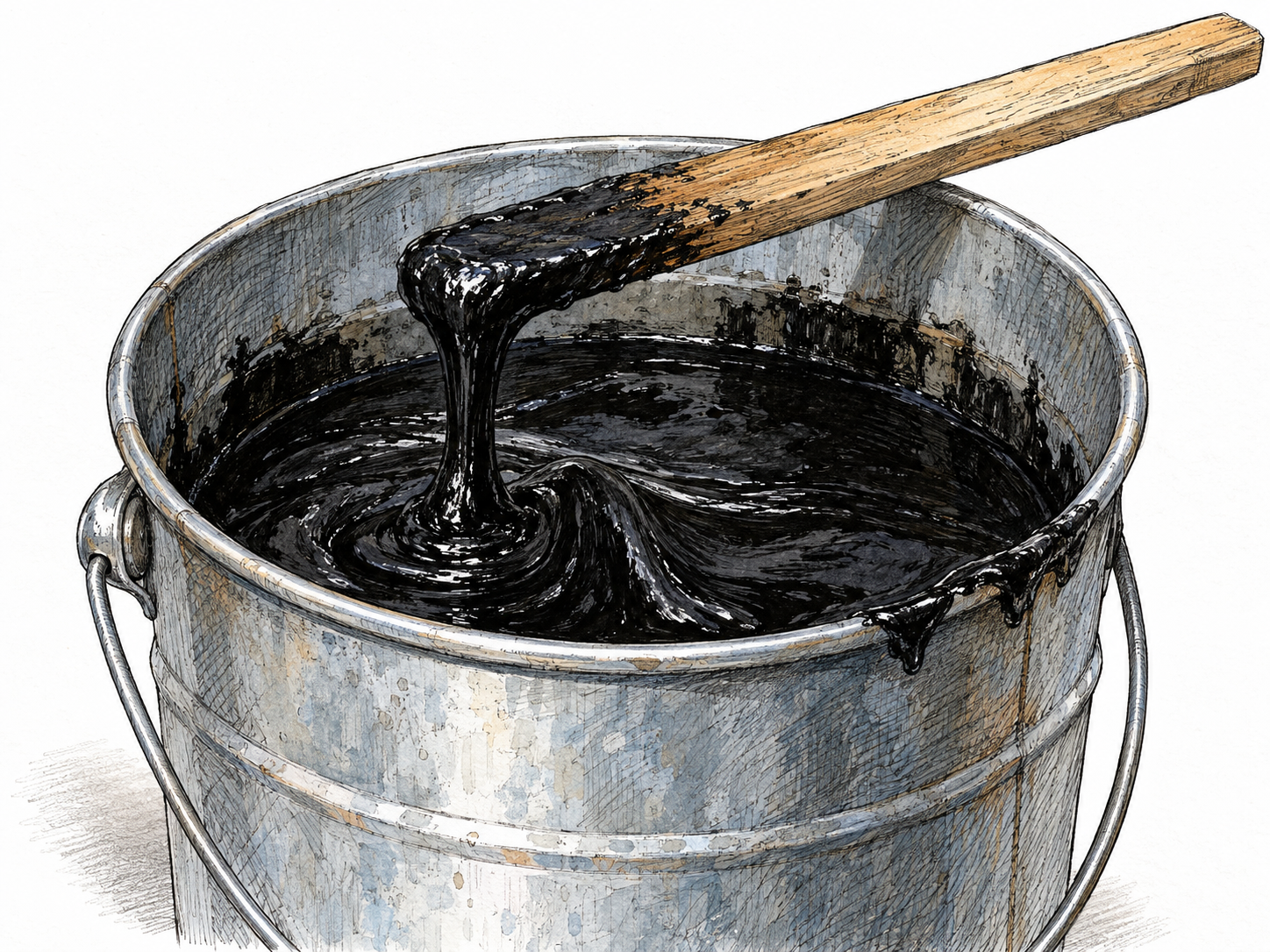Close-up of an open utilitarian metal pail filled with thick black tar.