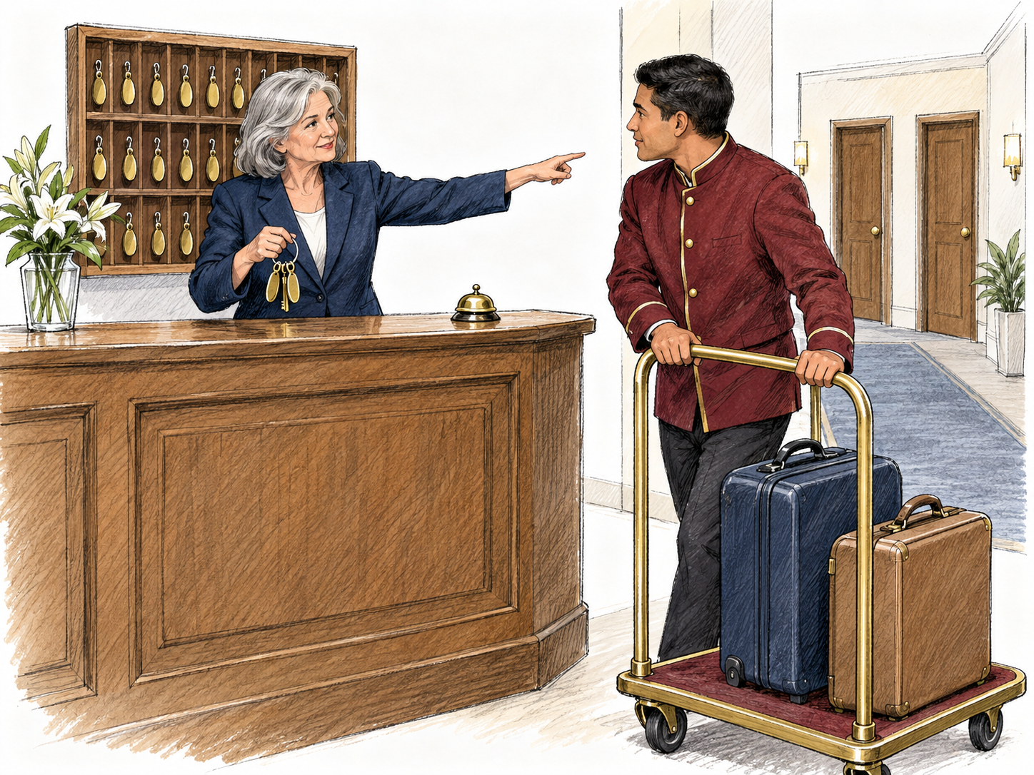 An older hotel manager stands behind a small hotel's reception counter, holding its master-key ring and directing a uniformed porter with a loaded luggage trolley toward the guest-room corridor.