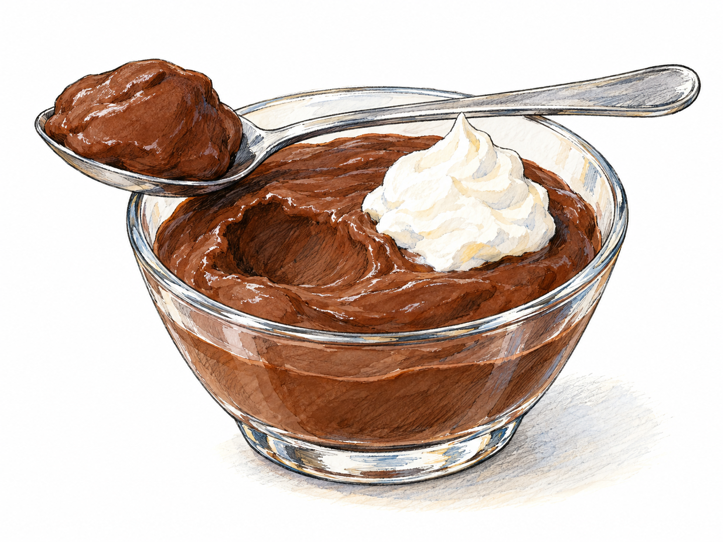A small glass dessert bowl filled with thick chocolate pudding, with a spoon resting across its rim holding a soft scoop.