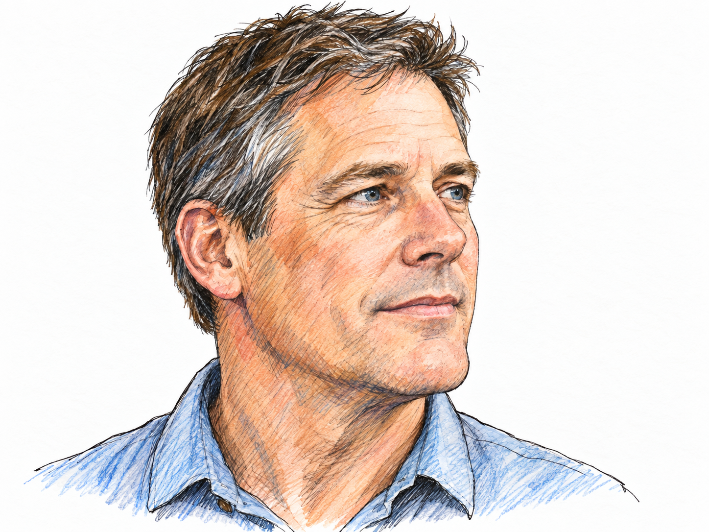 A close three-quarter profile portrait of a clean-shaven middle-aged white man, with the protruding chin clearly visible below his closed mouth against white space.