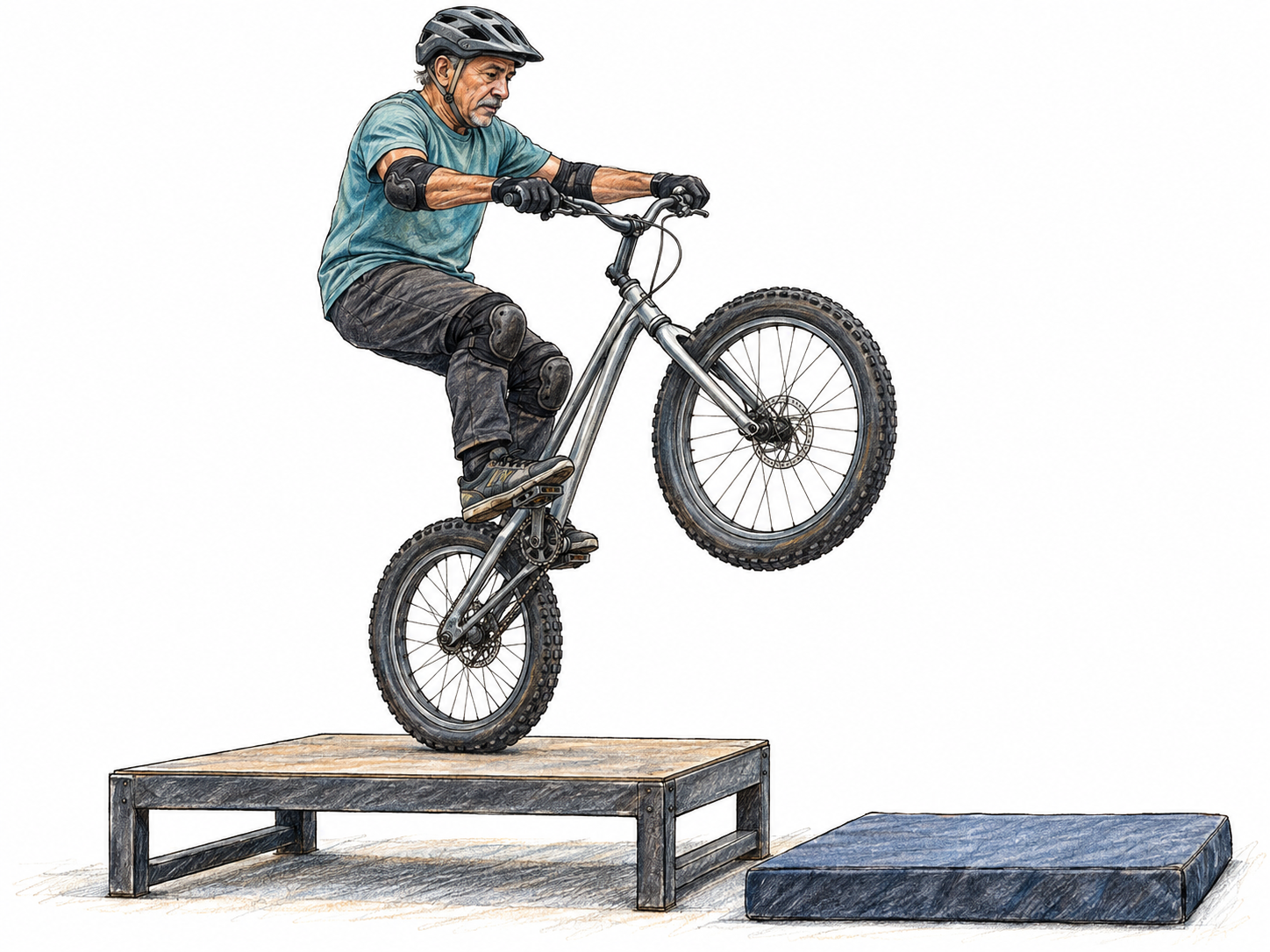 An older Latino male stunt cyclist balances a bicycle on its rear wheel atop a low performance platform, with the front wheel raised and a small landing mat nearby.