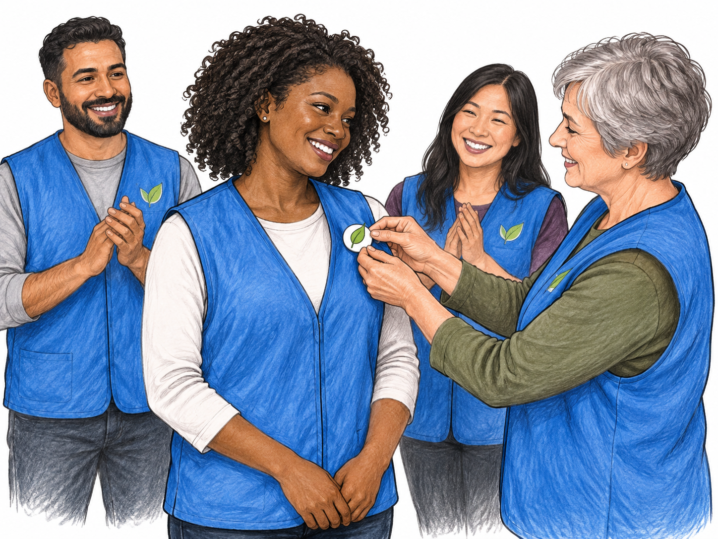 New member joins group of volunteers with matching small simple leaf emblem on vests, receives matching badge from group leader and smiles.
