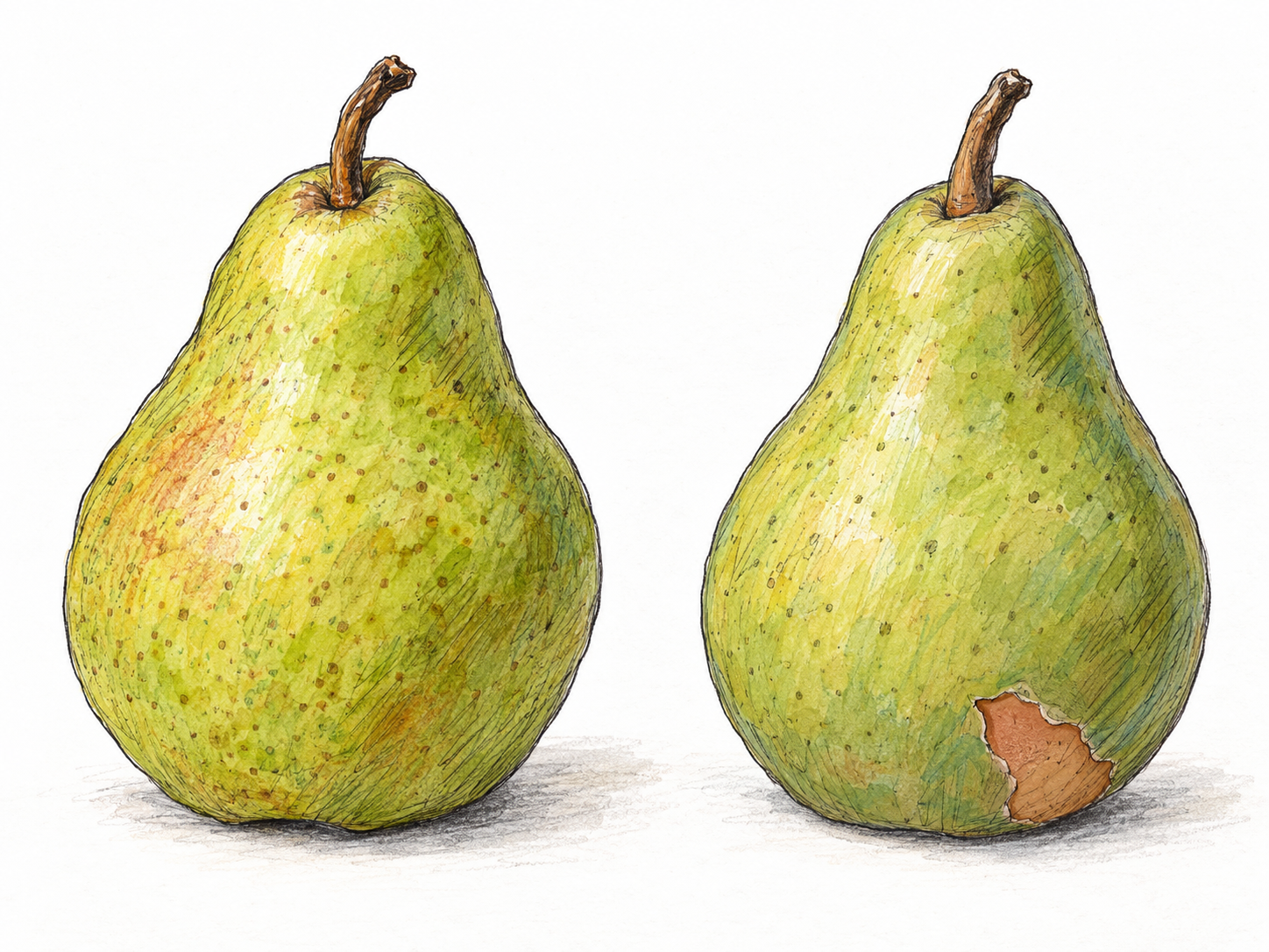 A real pear beside a small painted clay imitation of the same pear, with a chipped area on the imitation revealing clay beneath its green surface.