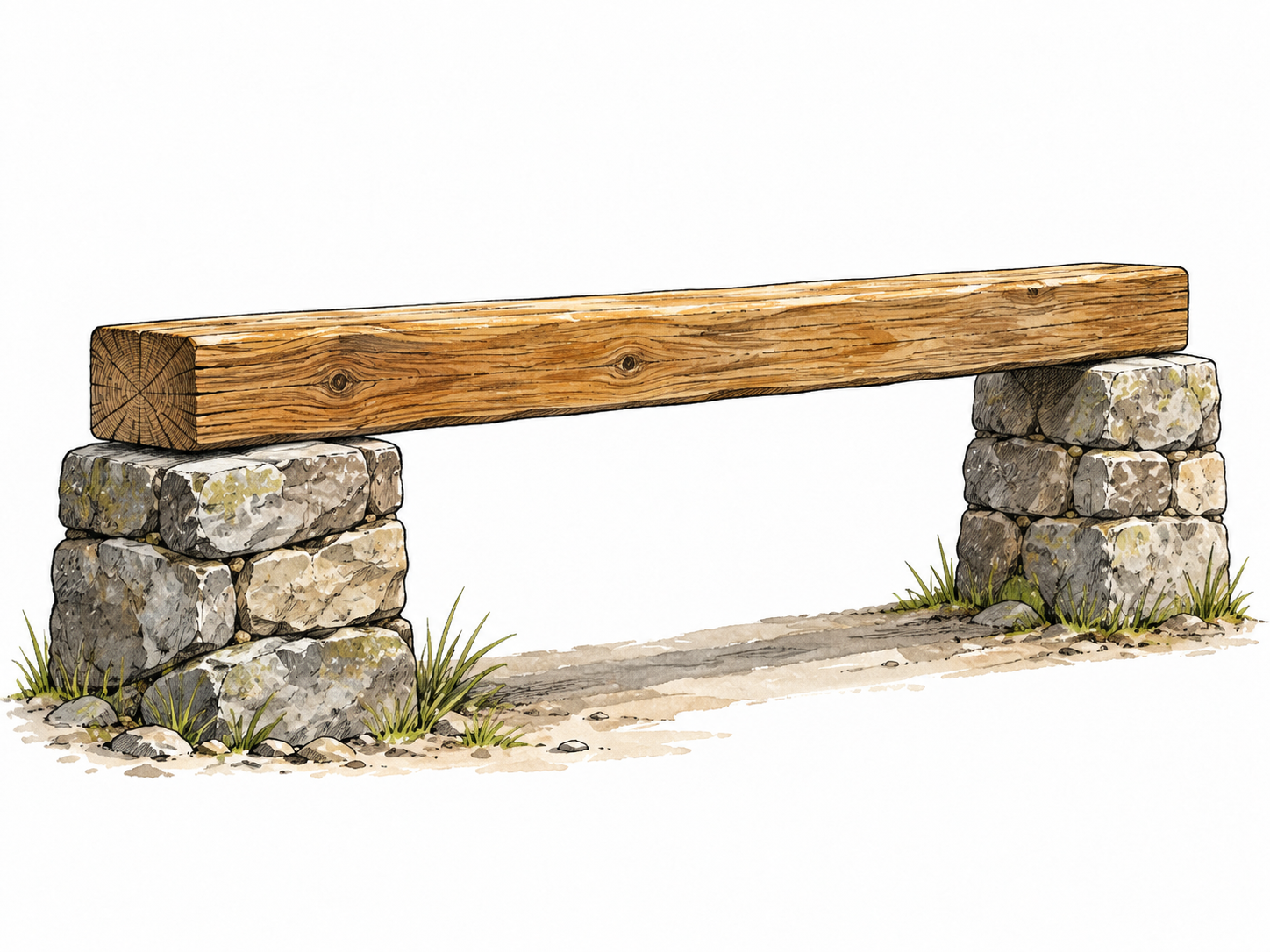 A sturdy long timber beam spanning two stone supports.