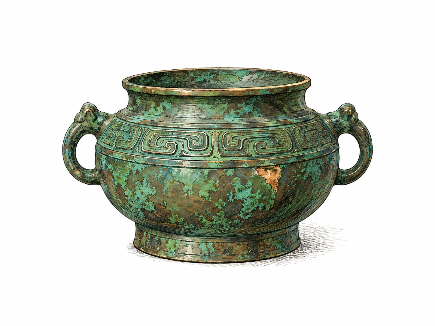 Aged bronze vessel with green patina over brown metal, small rubbed edge reveals original color, visible hand-drawn texture.