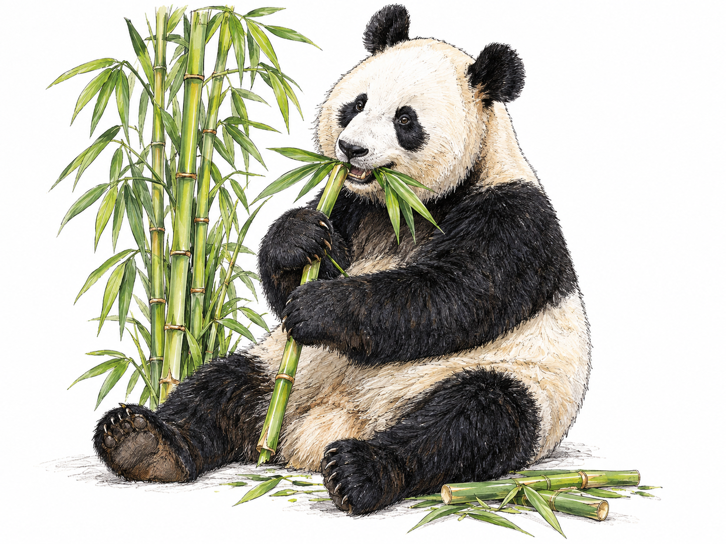A giant panda sits with bamboo held between its forepaws, visibly biting a leafy stem.