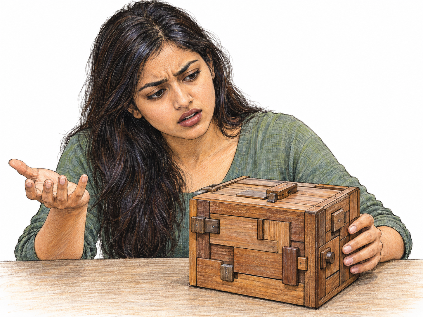 A visibly baffled woman examines an intricate mechanical puzzle box whose interlocking panels and false catches offer no obvious way to open it.