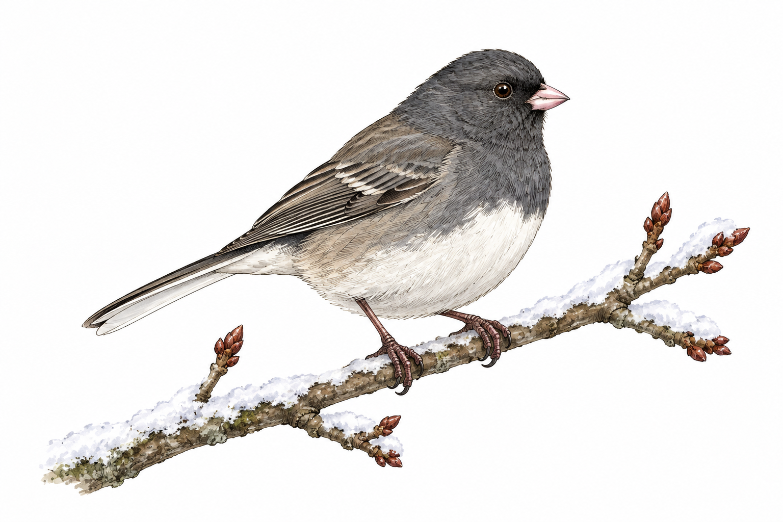 A dark-eyed junco, small gray North American songbird with white belly and pink bill, perched on a snowy twig, accurate plumage.