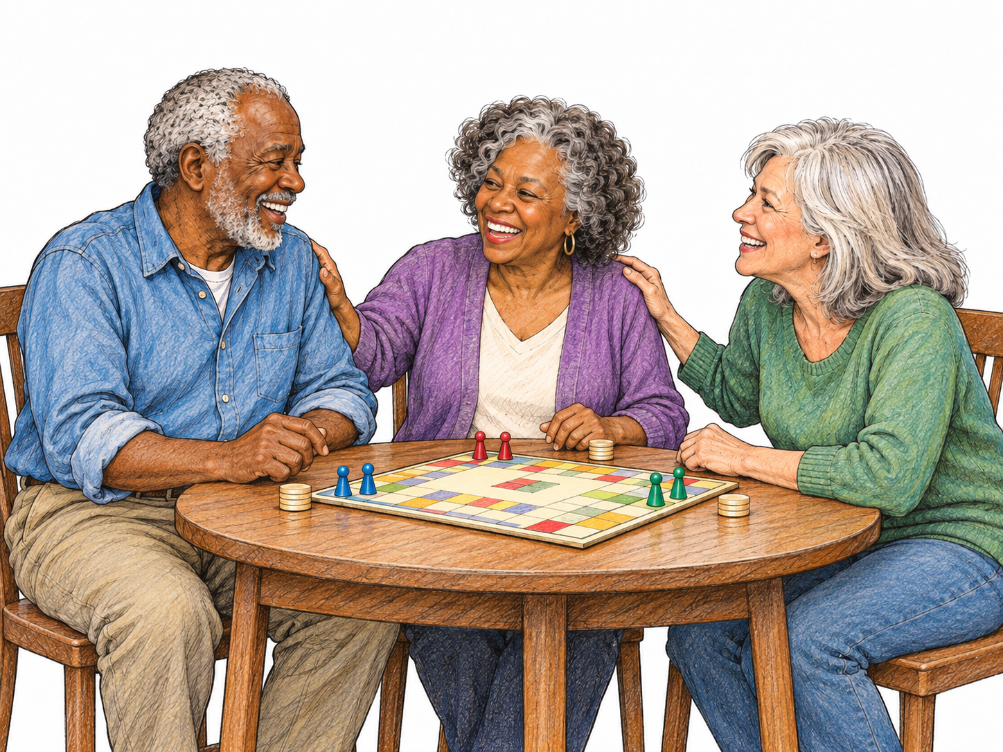 Platonic affection shown through warm camaraderie: two older friends exchange a relaxed side hug at a three-person board-game gathering, including their fellow player in their smiles and attention.