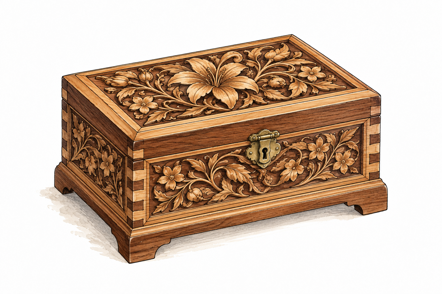 Intricately carved wooden jewelry box with detailed floral ornament and precise joinery.