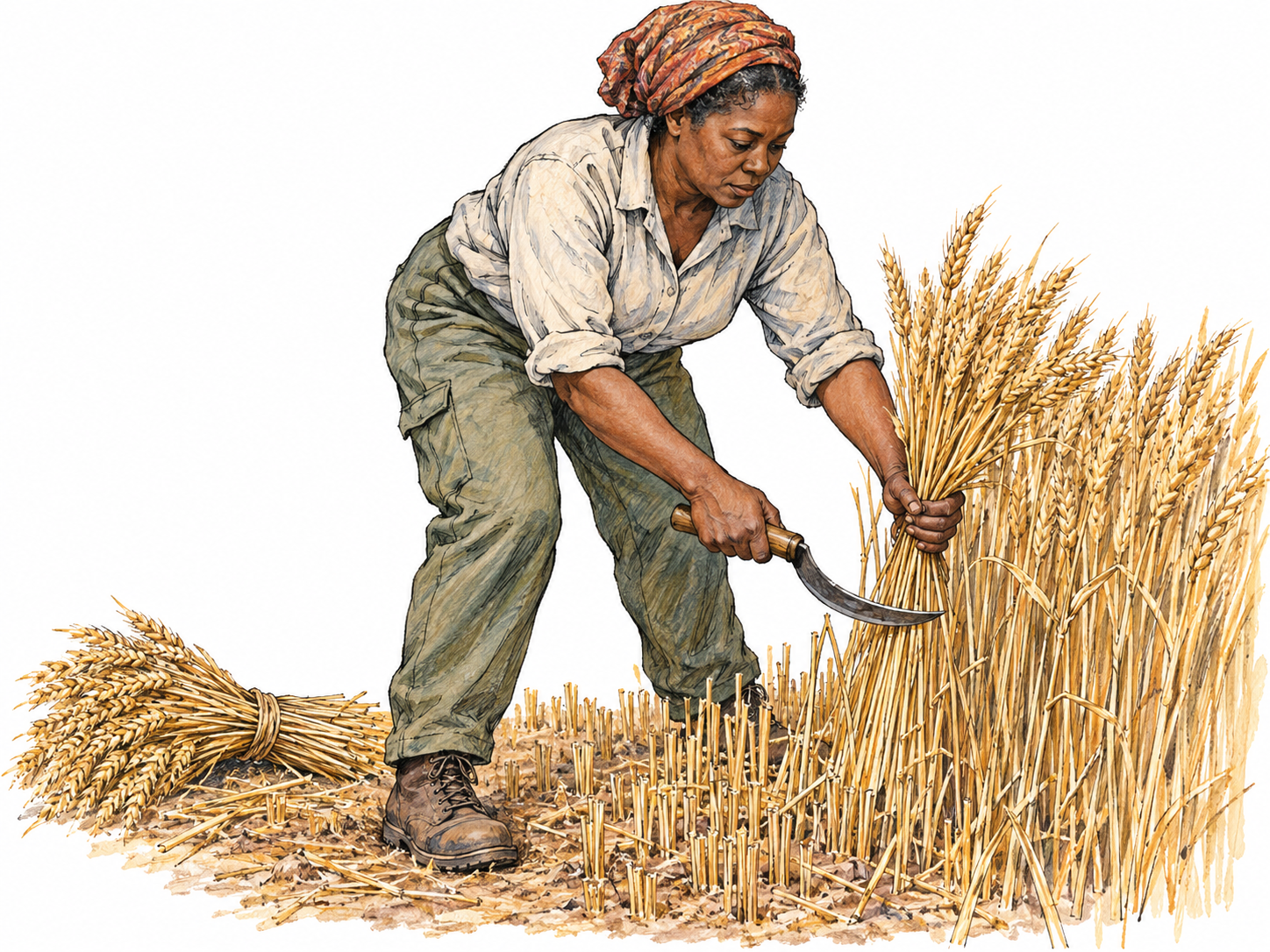 A farm worker harvests ripe wheat with a sickle, gathering a handful of standing stalks while cutting near their bases.