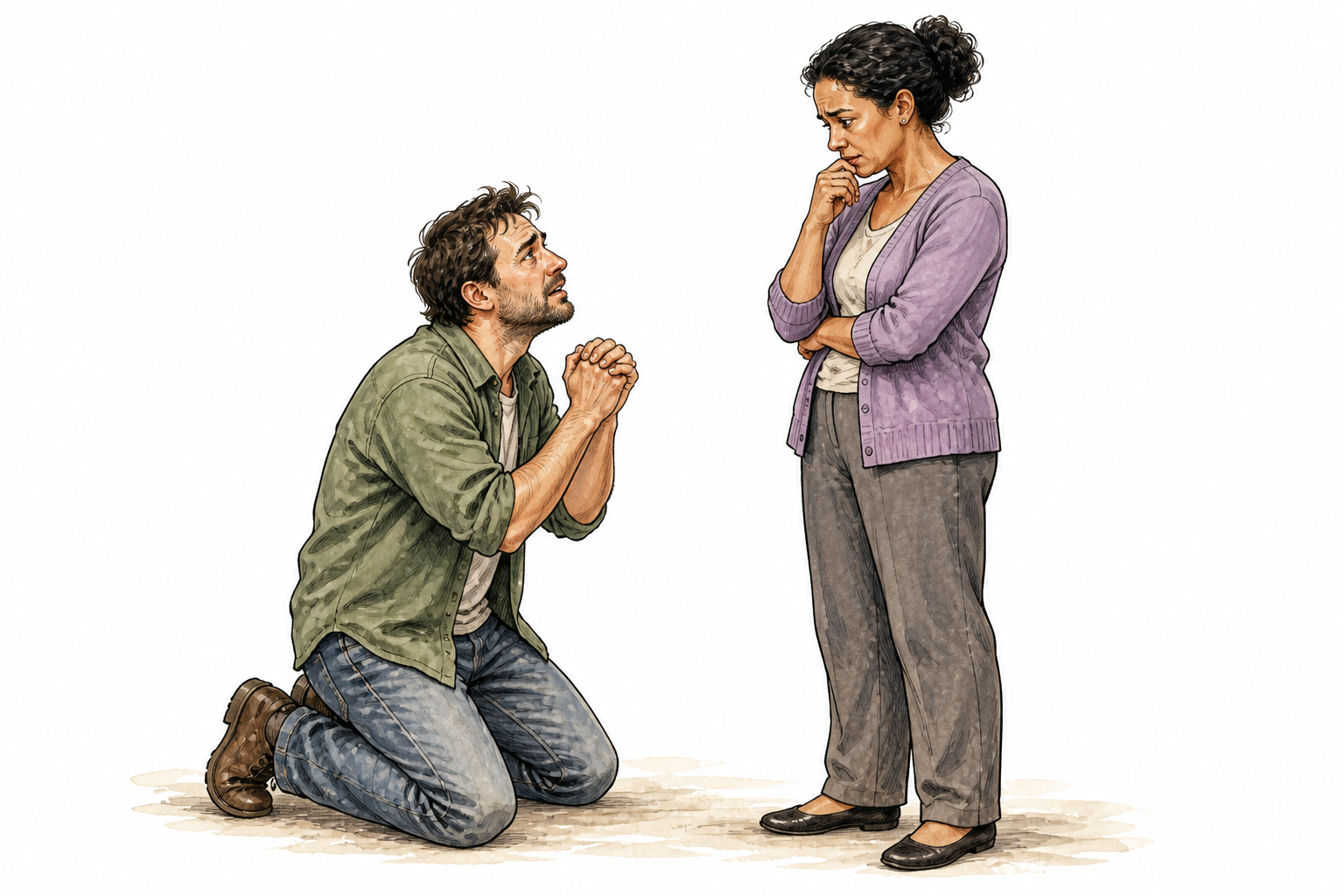 An adult clasping hands and earnestly pleading with another adult who listens, expressive but realistic faces.