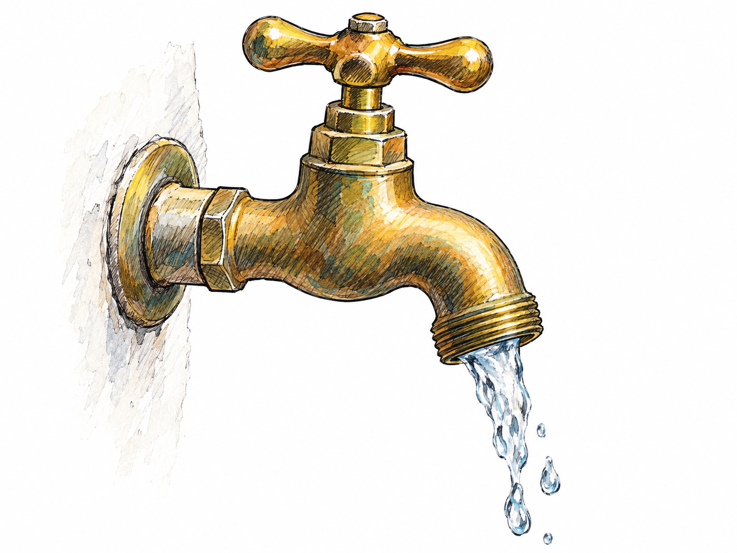 Close-up of a brass outdoor spigot with a recognizable valve handle and a short stream of water flowing from its downward-facing outlet.