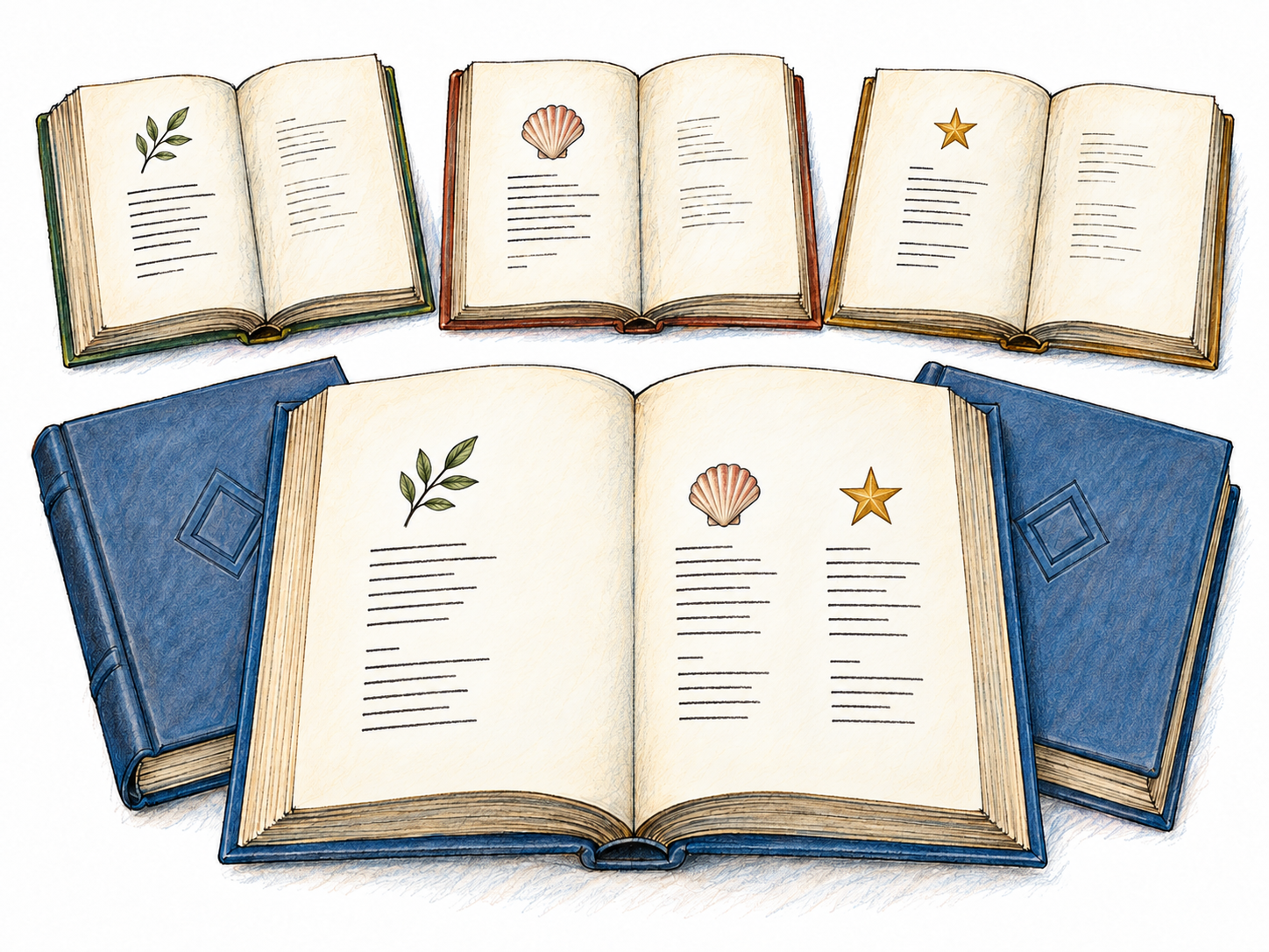 A compact source-to-publication comparison: selected short poems from three separate volumes reappear together in one professionally bound collection, with matching finished copies establishing publication.