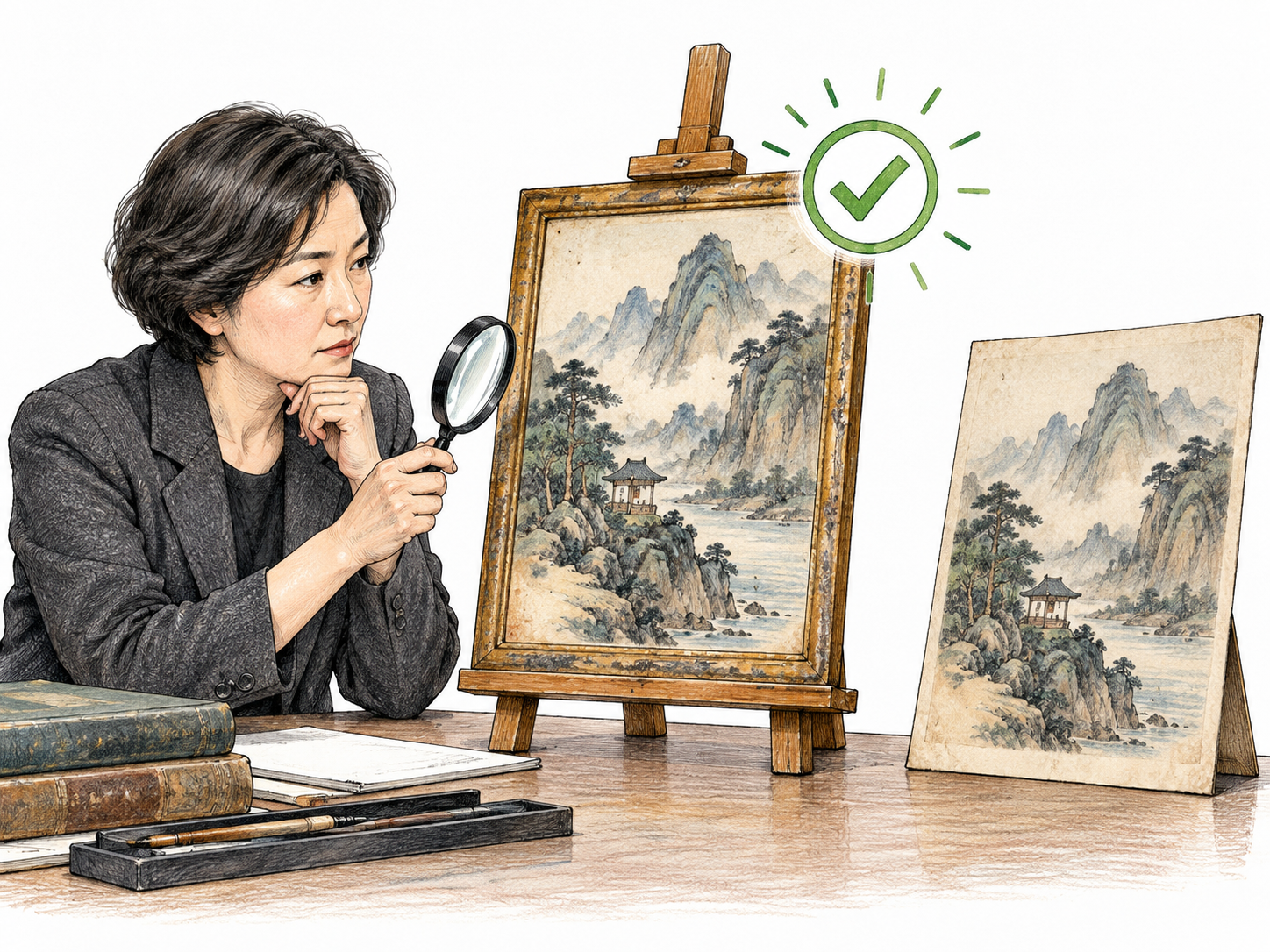 Curator compares an artwork to its original authenticated master kept upright on small easel; original surrounded by simple approved seal/check, matching later copy off to side; authority embodied by official original, no writing.