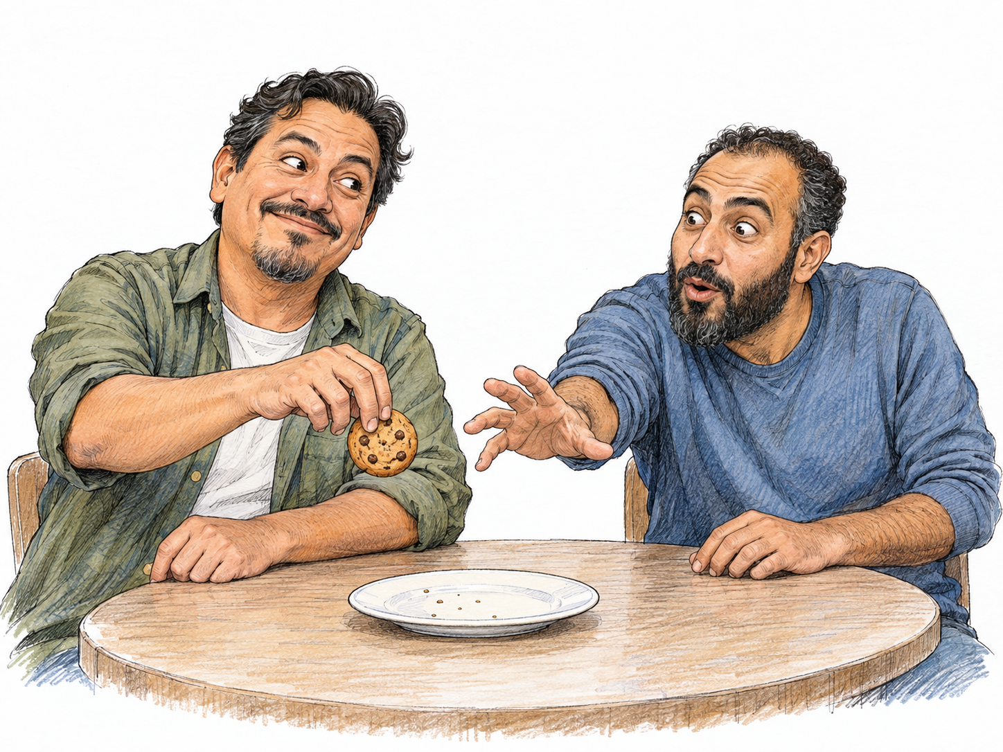A man quickly snatches the last cookie from a shared plate just before another man's reaching hand arrives.