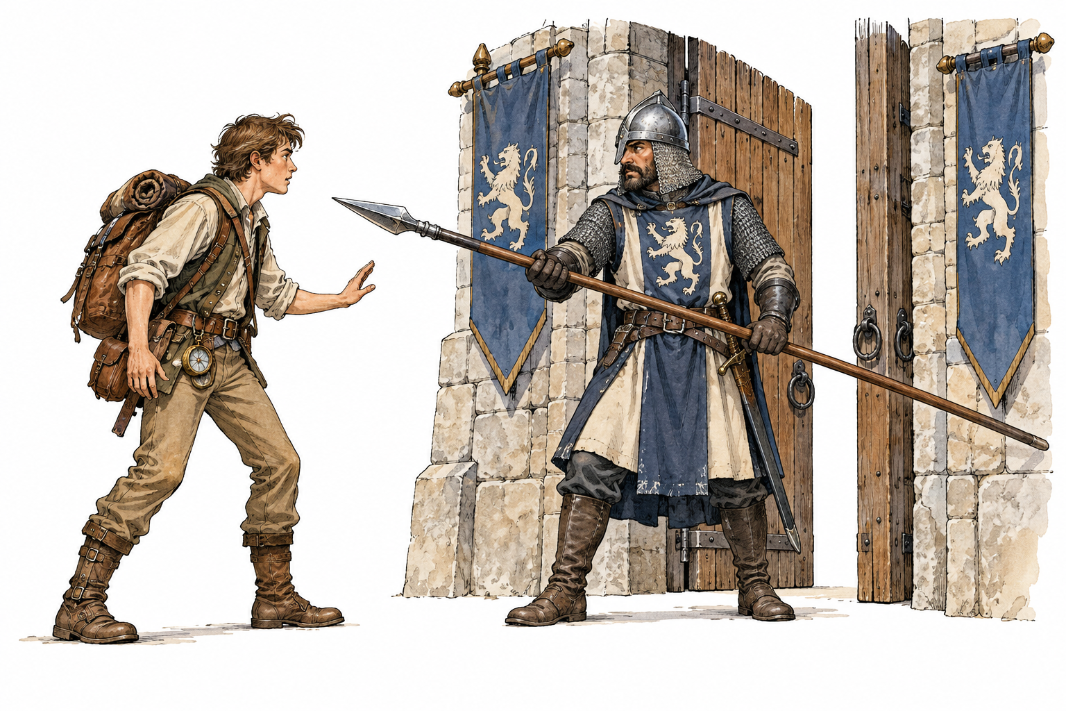 Adventure story scene: guard blocks young explorer's route to gate with crossed spear, clear opposing role, no injury.