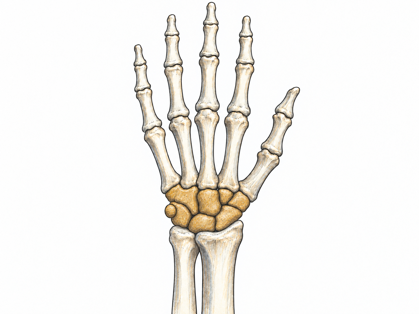 A single anatomical teaching model of a hand and distal forearm, with the eight wrist bones selectively colored warm ochre and all other bones ivory.