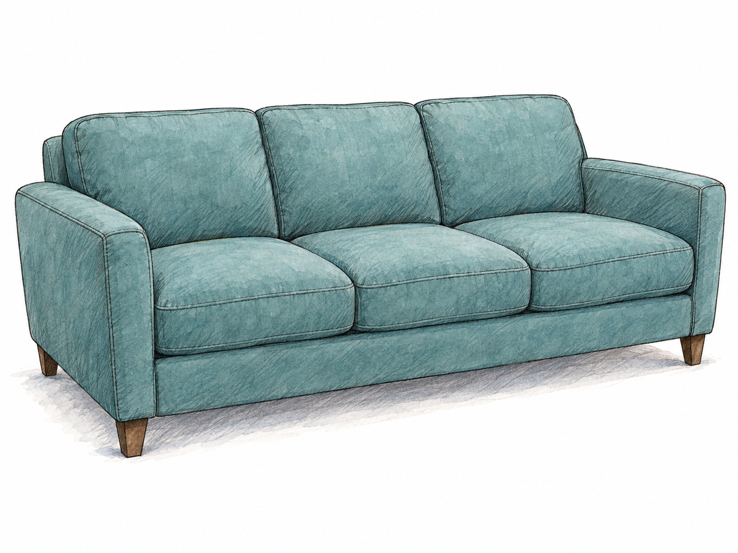 An isolated three-seat upholstered couch, shown at a slight three-quarter angle so its long padded seat, cushioned back, and two armrests are immediately recognizable.