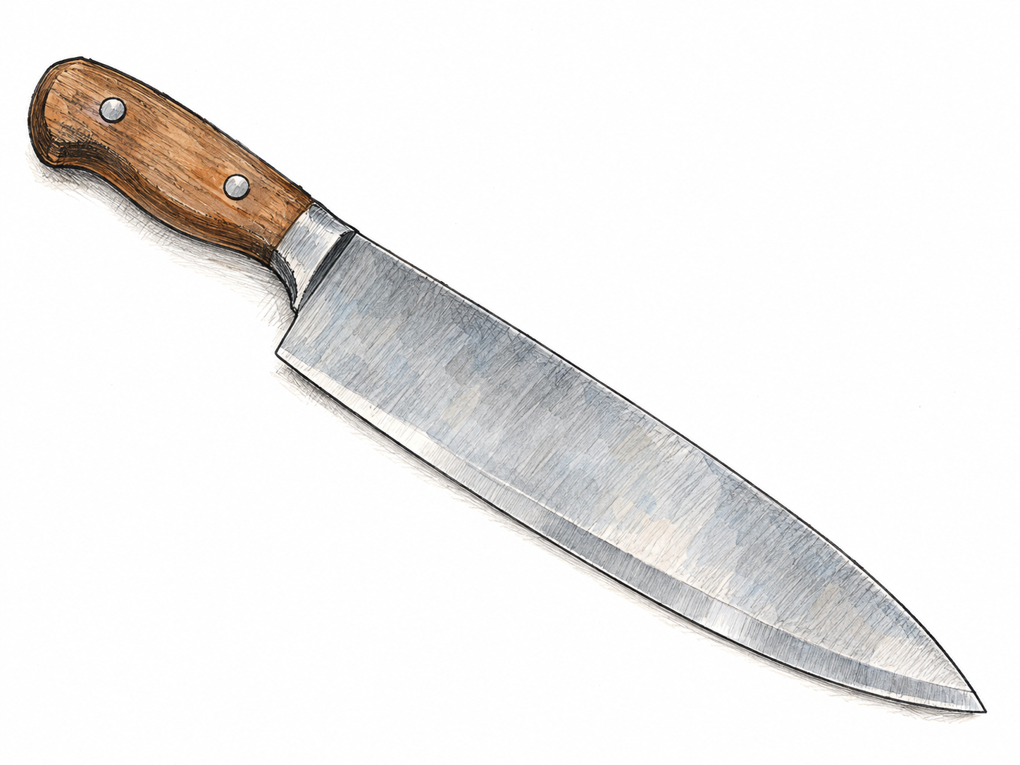 A close view of a kitchen knife emphasizing its broad, flat steel cutting blade, with the handle visually subordinate and the sharpened edge clearly visible.