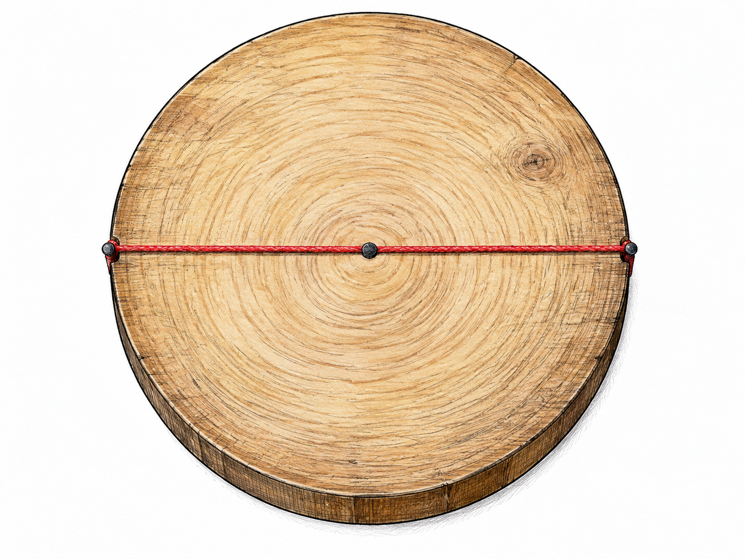 A flat circular wooden disc seen nearly overhead with one taut red thread from left rim through the marked center point to opposite rim; exactly straight across center, no radius-only line, no text.