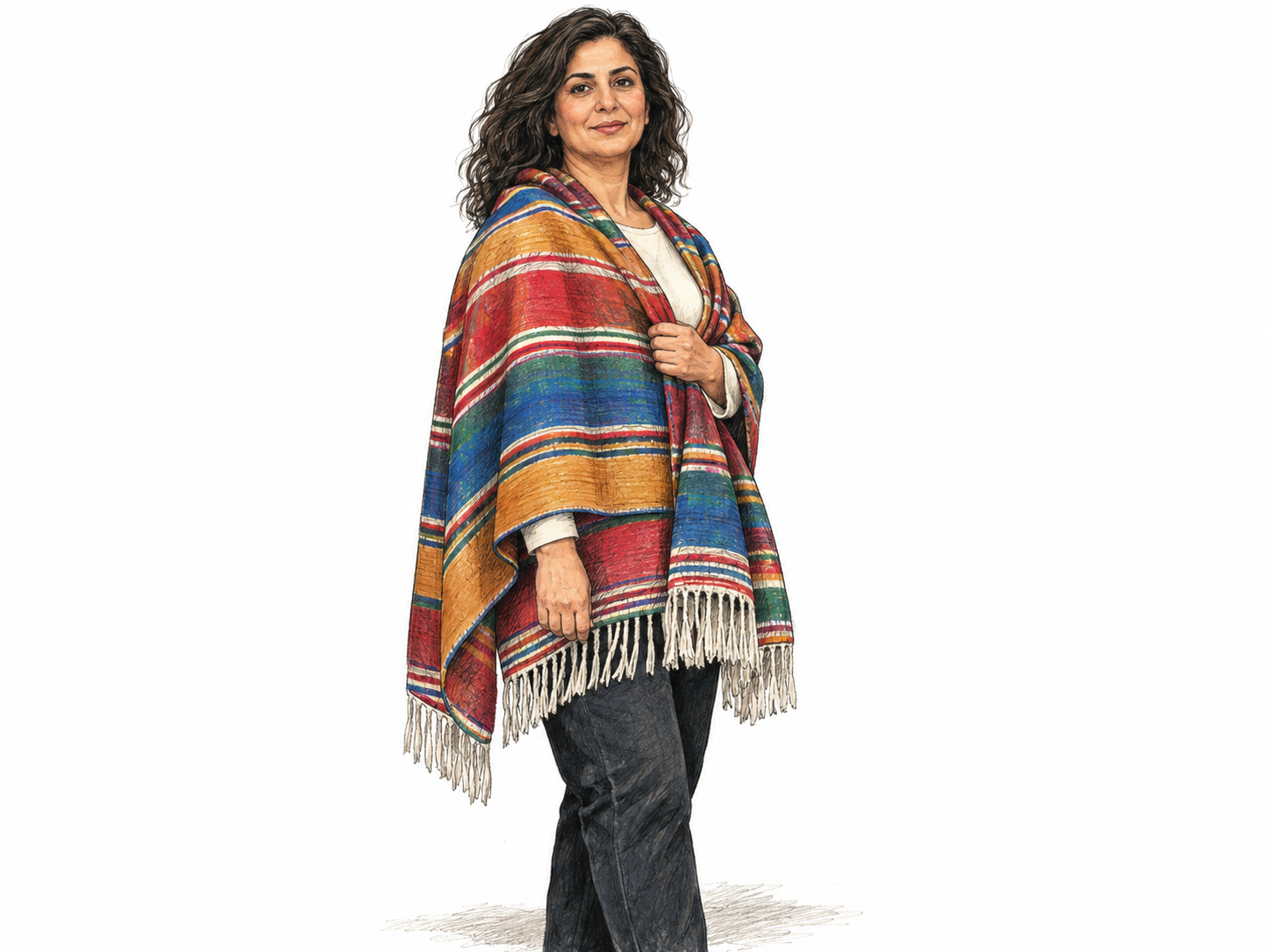 A single adult wears a colorful rectangular woven serape over plain everyday clothing, with its broad striped fabric wrapped across the shoulders and its fringed ends hanging visibly as an outer garment.