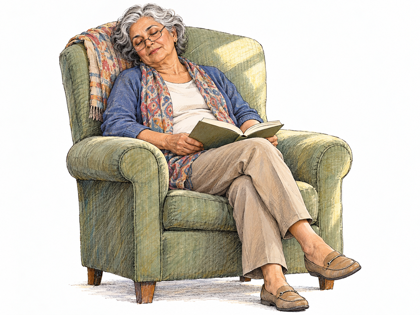 An older woman takes a daytime catnap in an armchair, still fully dressed, with reading glasses slipping slightly and an open book resting loosely in her lap.