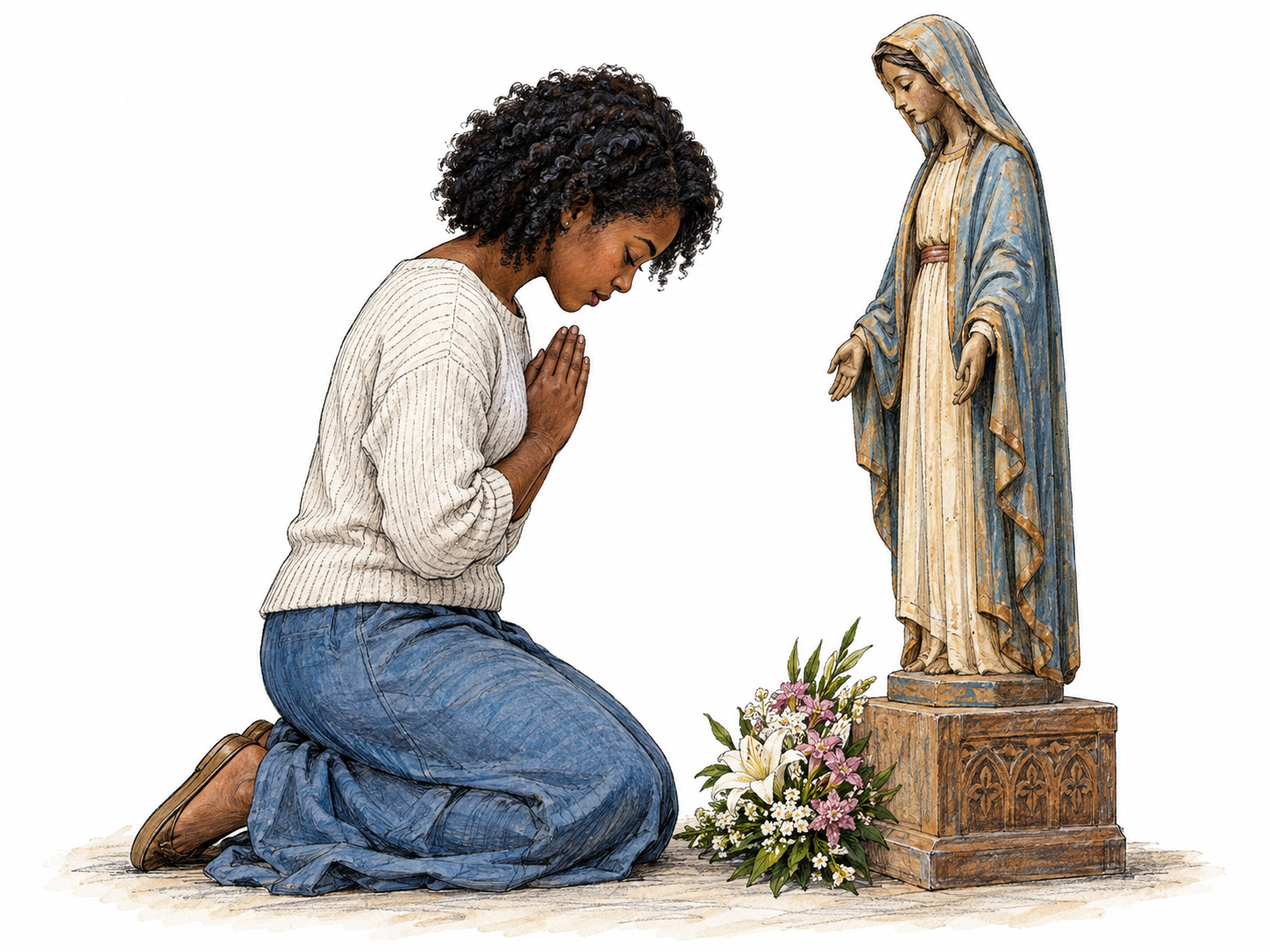 A kneeling woman bows deeply before a small devotional statue of Mary, with joined hands and flowers laid at its feet.