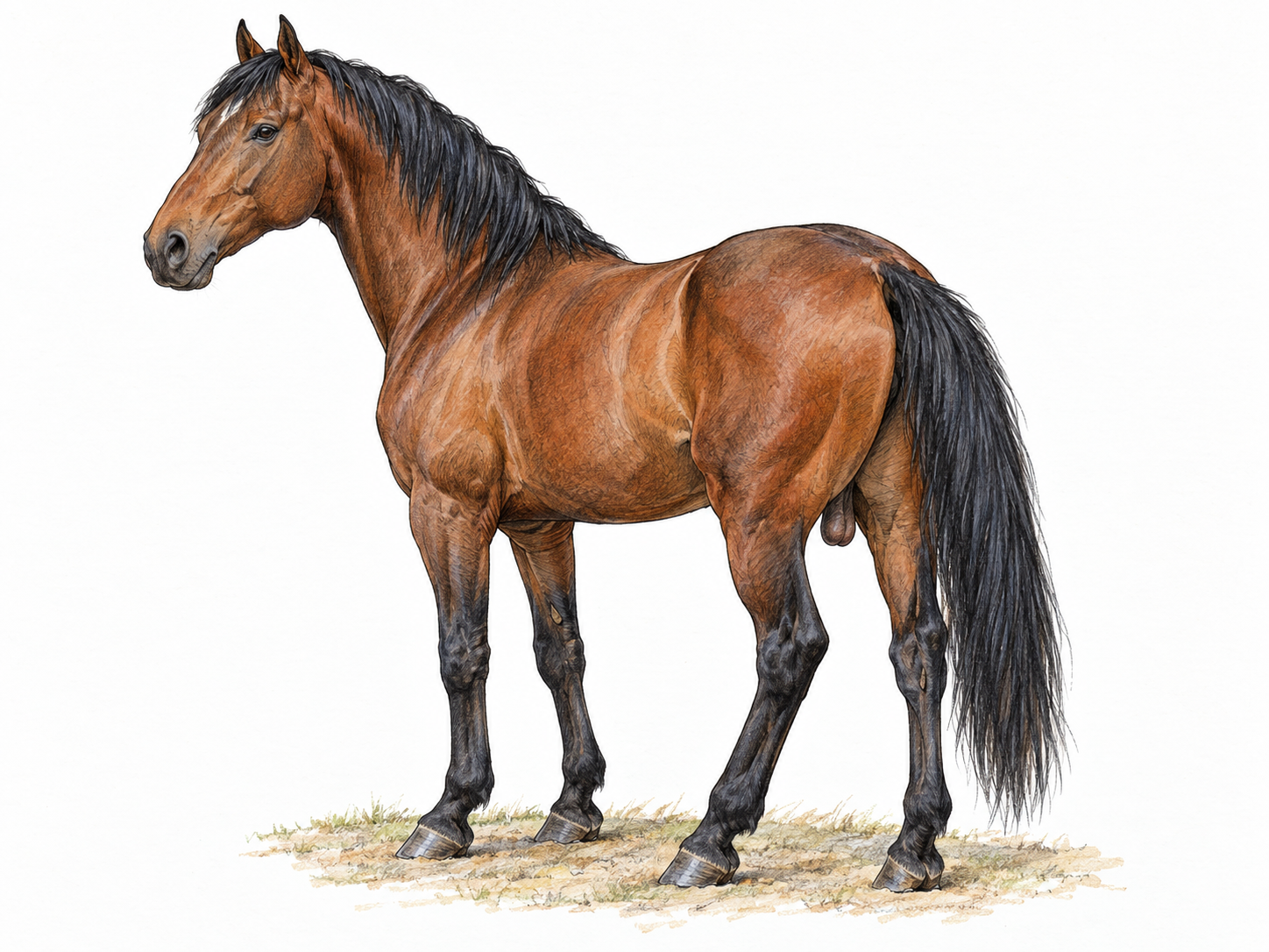 A mature stallion standing calmly in three-quarter side view, with accurate, unobscured male anatomy establishing that it is intact rather than a gelding.