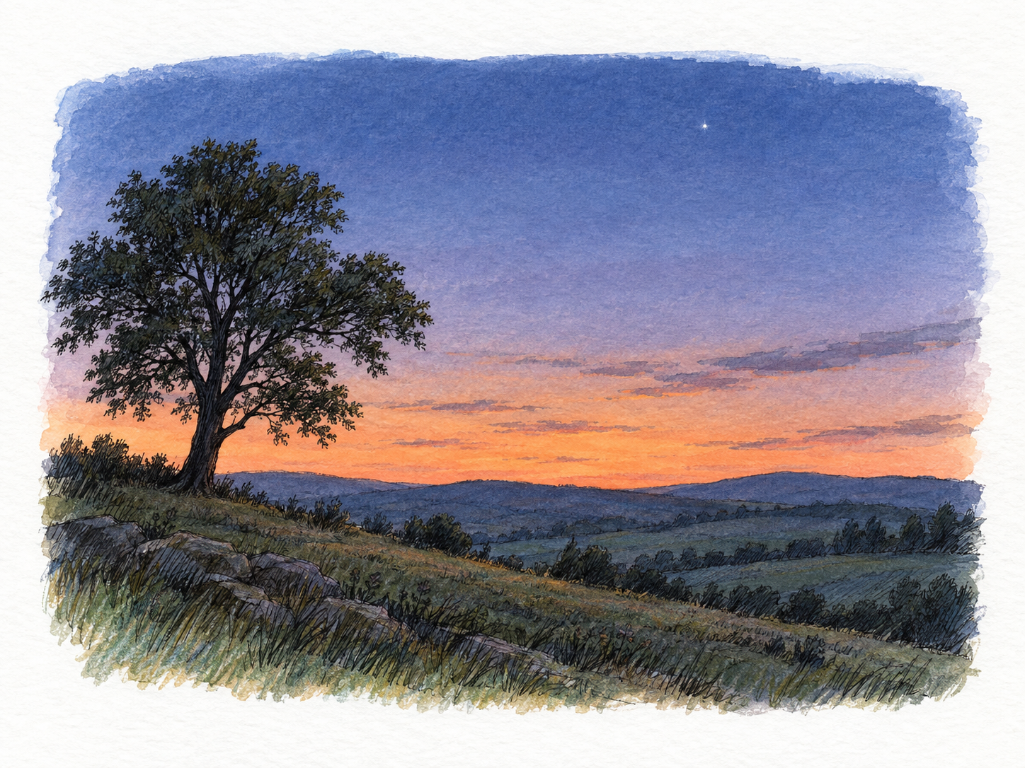 A quiet landscape at evening twilight: the sun has slipped below the horizon, leaving a narrow peach glow beneath a deepening blue-violet sky, while the land falls into shadow.