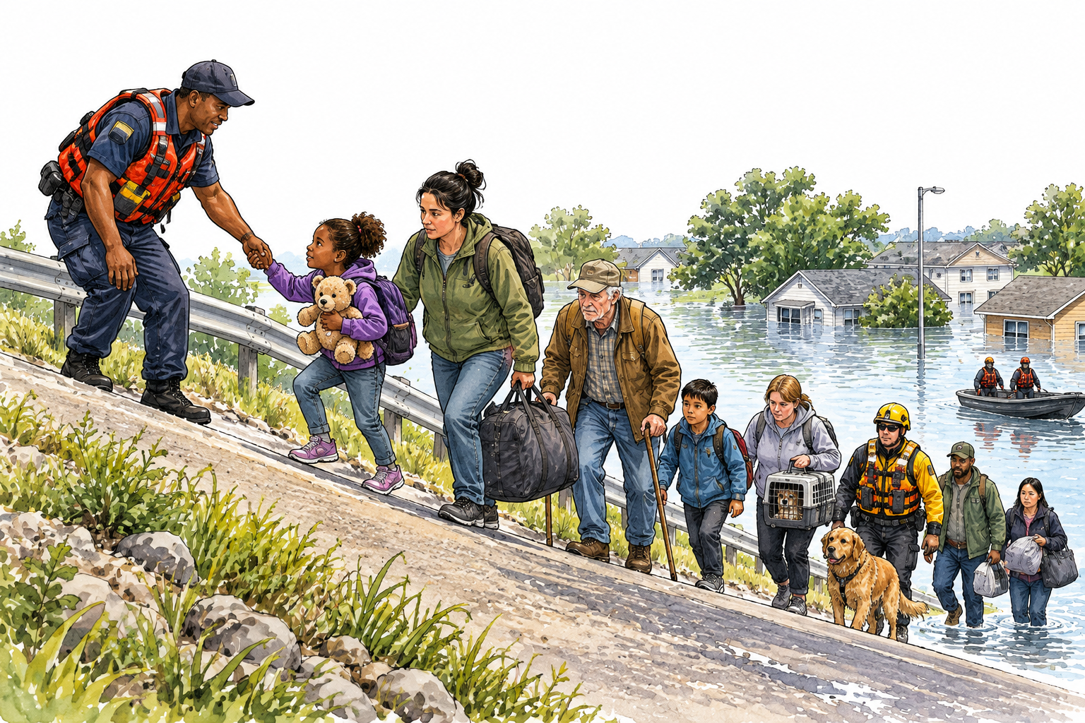 People orderly leave a flood-threatened neighborhood along a safe elevated route, assisted by rescuers.
