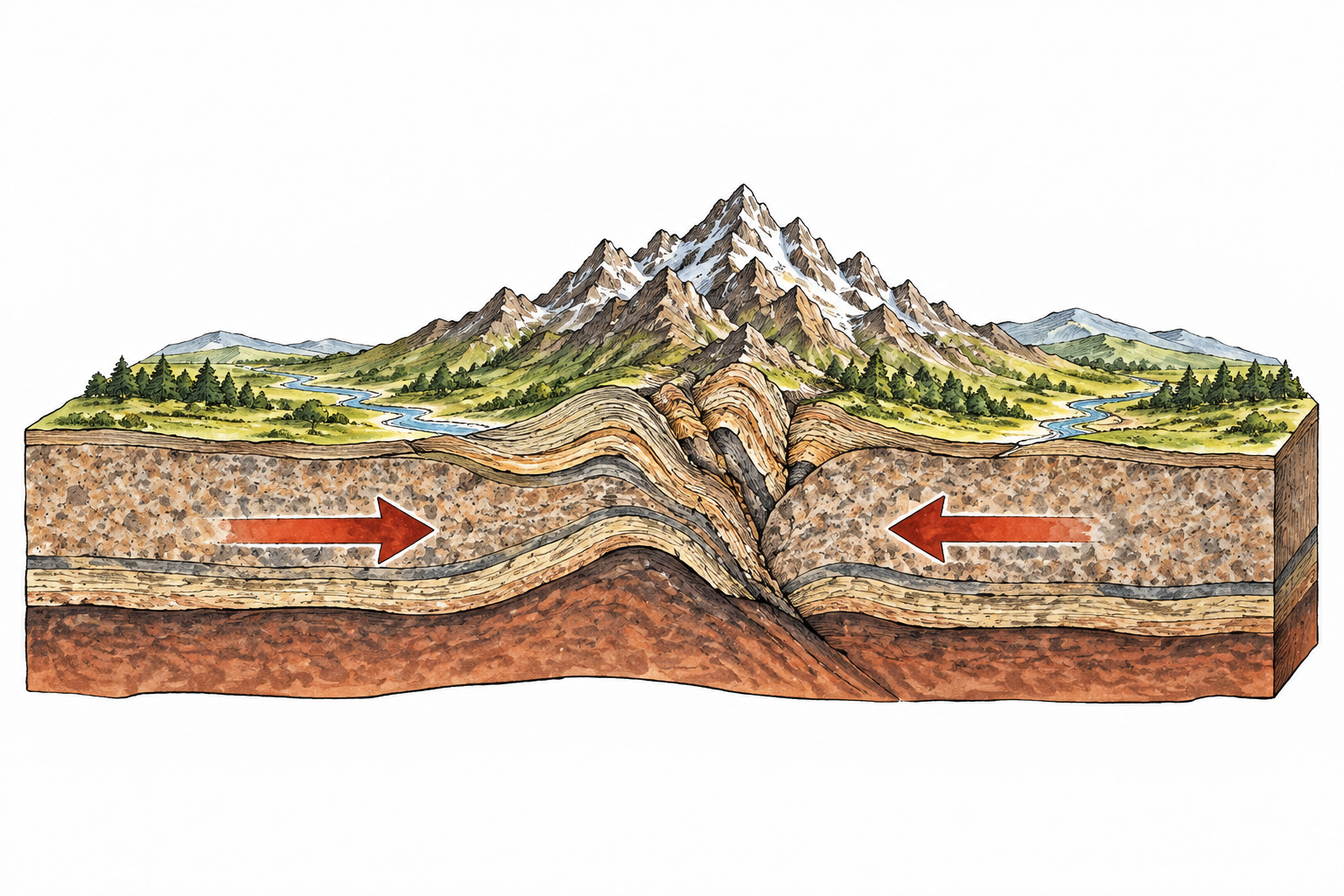 Simple cross-section of two continental crust plates converging, arrows point inward and crust buckles into mountains; no whole-Earth distortion.