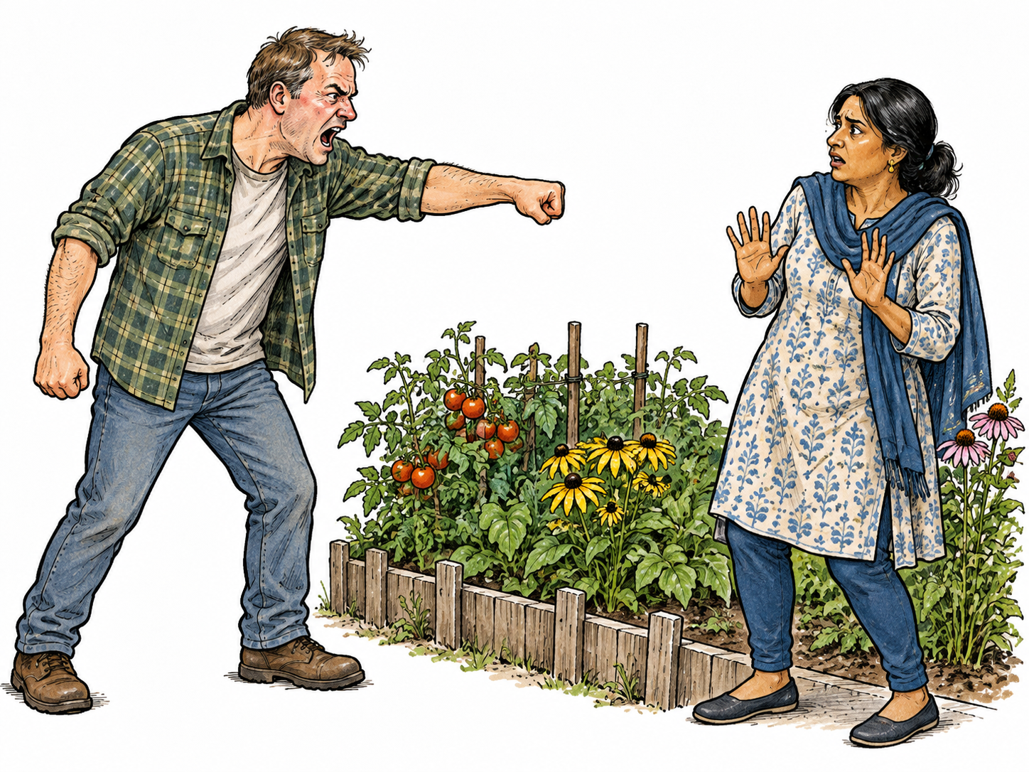 A hostile adult neighbor points a clenched fist toward another adult's garden while declaring a threat with an angry open mouth; the listener stands back alarmed, no words, no contact or injury.