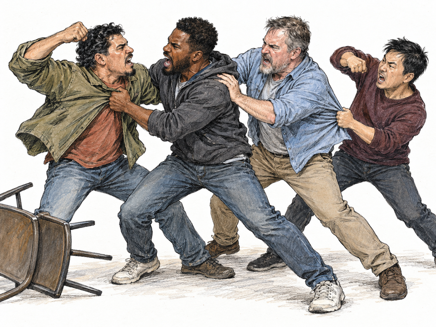 Four adults in a chaotic, non-graphic group fight, grabbing clothing, shoving and swinging fists, with open shouting mouths and an overturned chair.