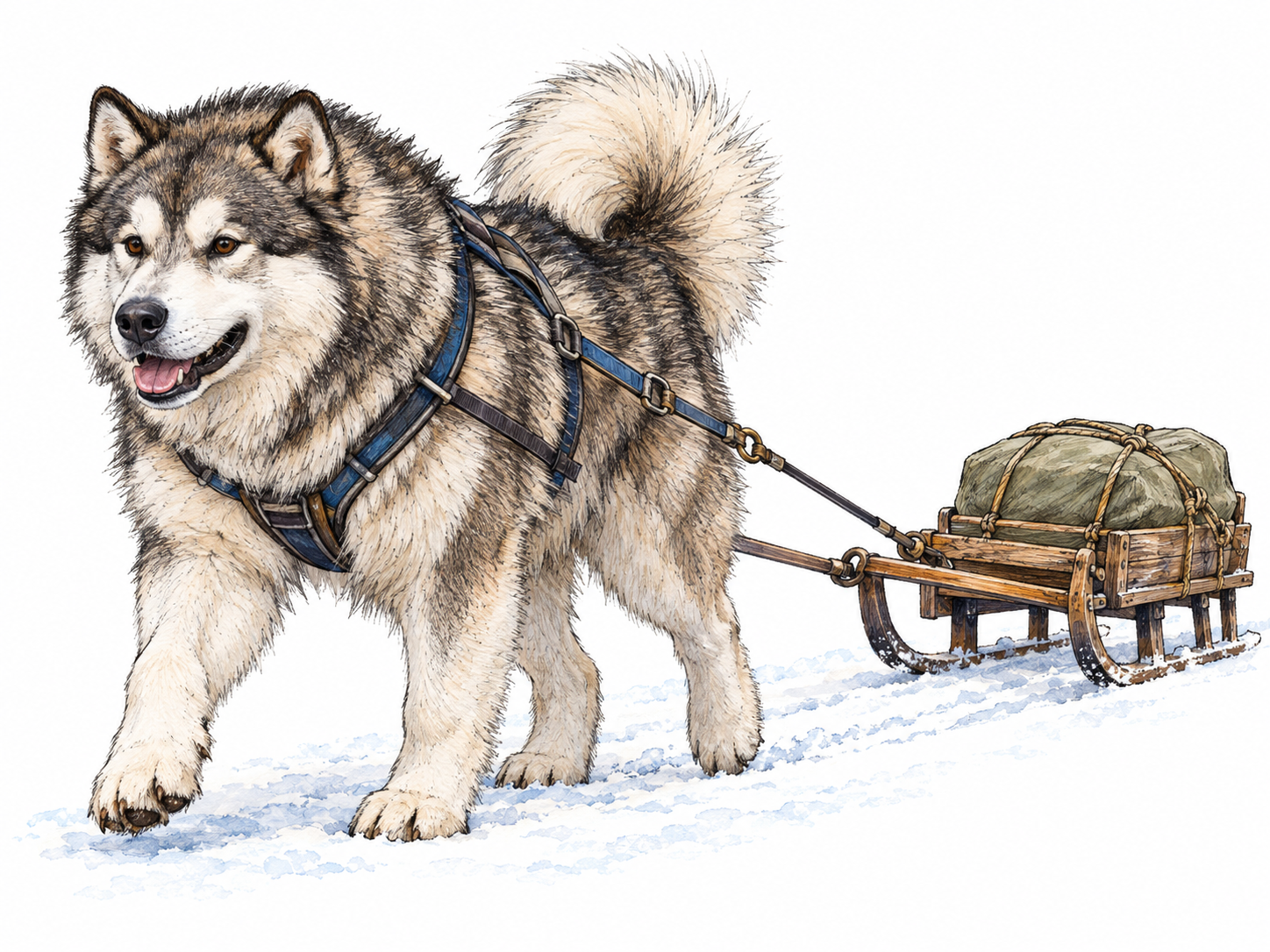A powerful adult Alaskan malamute in side-three-quarter view pulls a small freight sled across a minimal patch of snow, showing its dense coat, broad head, sturdy build and plumed tail.