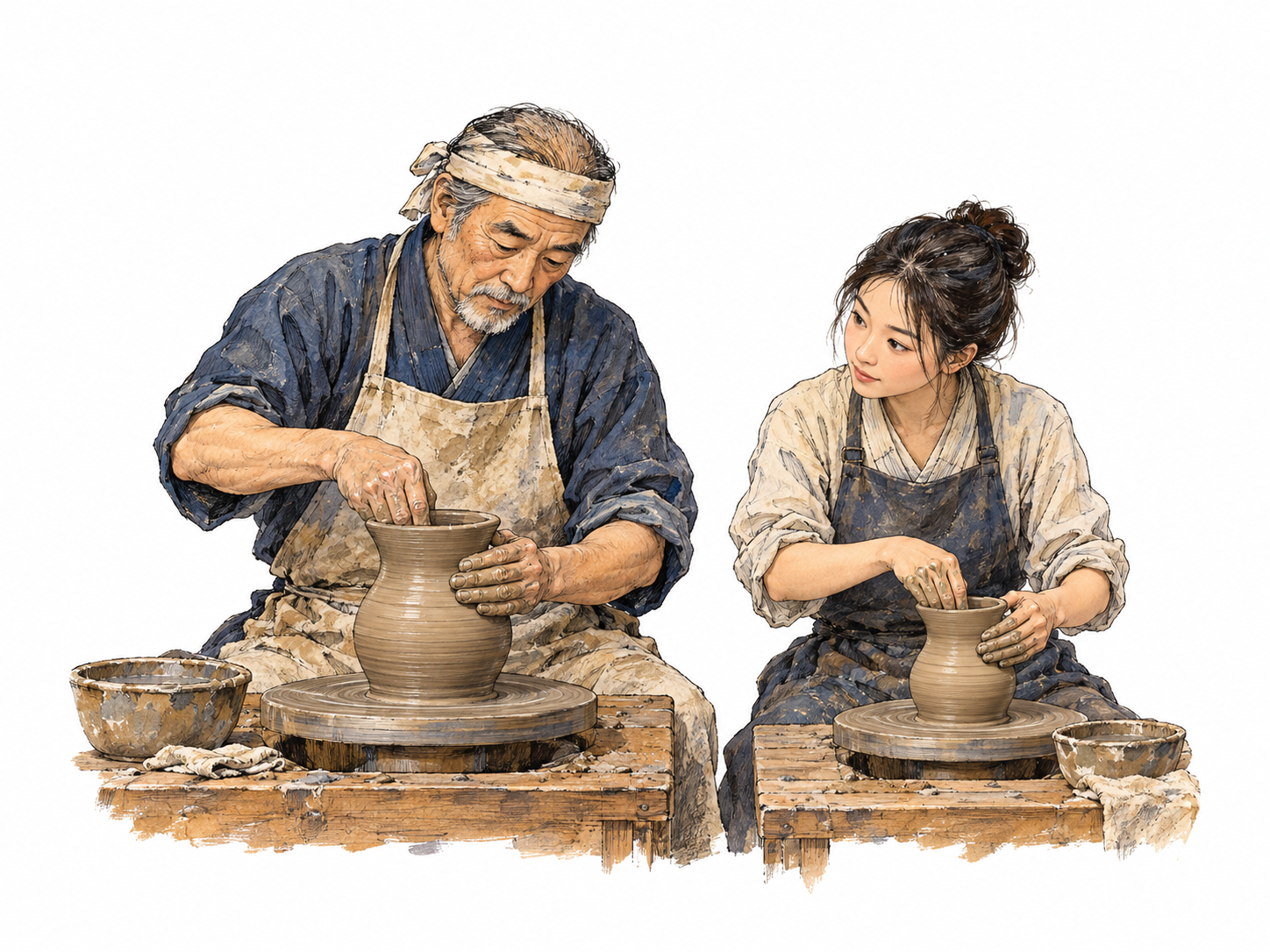 One devoted adult apprentice watches an older master potter shape clay and faithfully mirrors the master's hand position on a second small clay vessel.