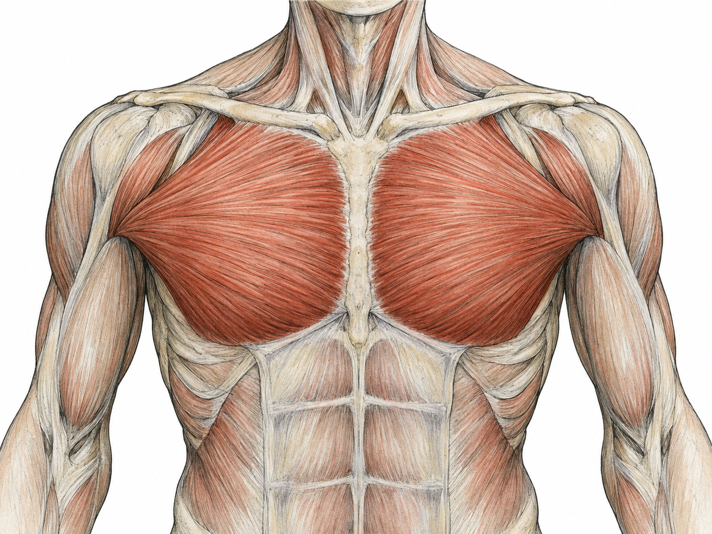 A freestanding anatomical torso model with the paired pectoral muscles emphasized in natural red, clearly locating them across the upper chest.