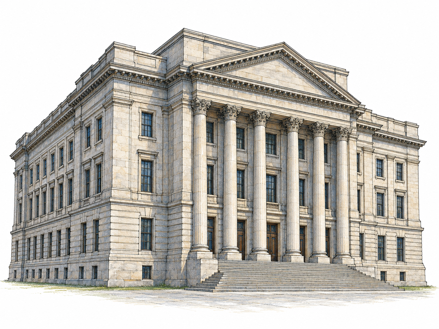 A monumental stone building viewed from slightly below, its towering columns, broad staircase and many window rows making its large, imposing scale immediately apparent.