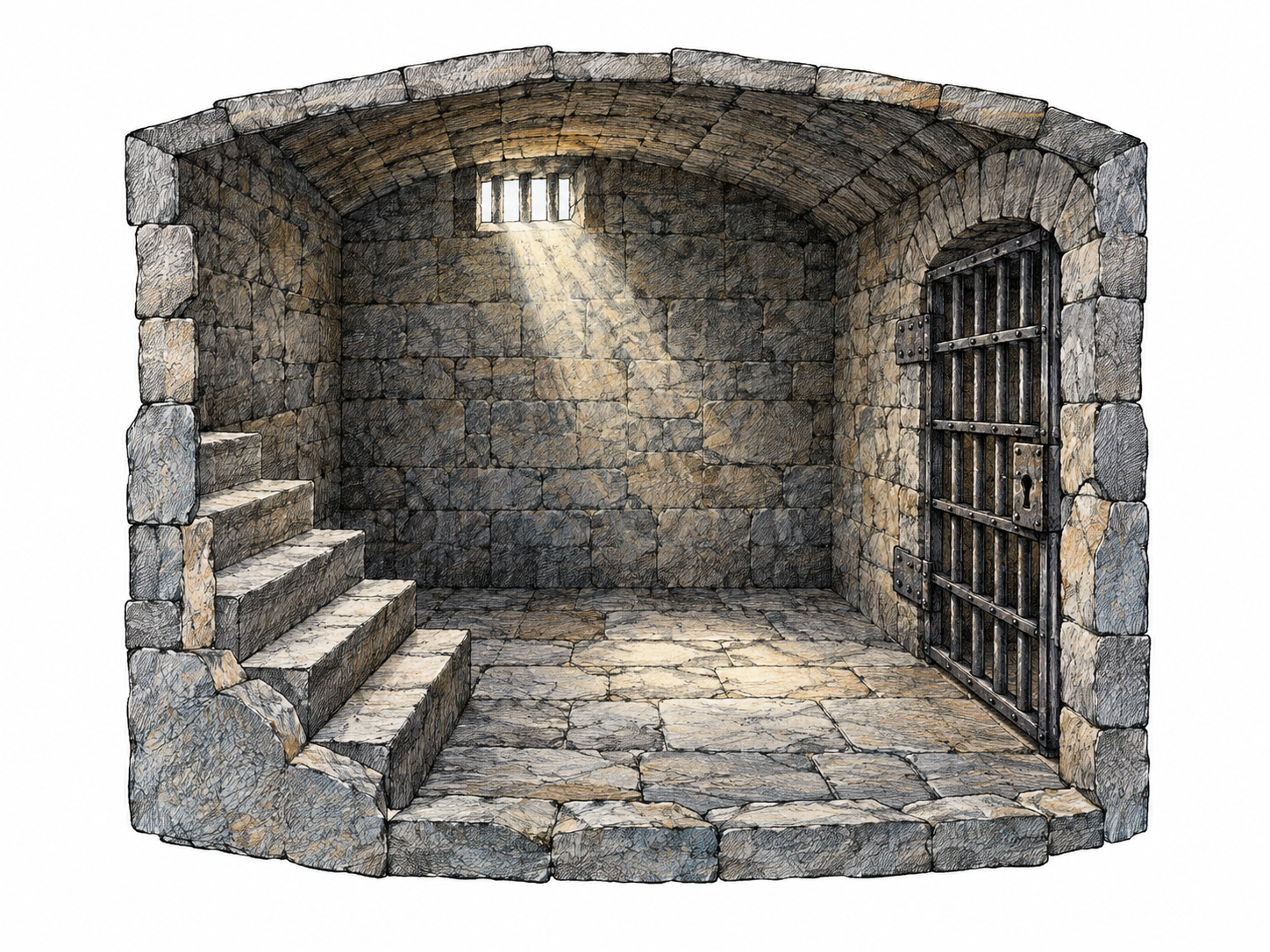 Small underground stone prison cell with barred door, short descending steps and tiny high opening admitting light; no prisoner or torture equipment, tightly bounded ink architectural cutaway on white.