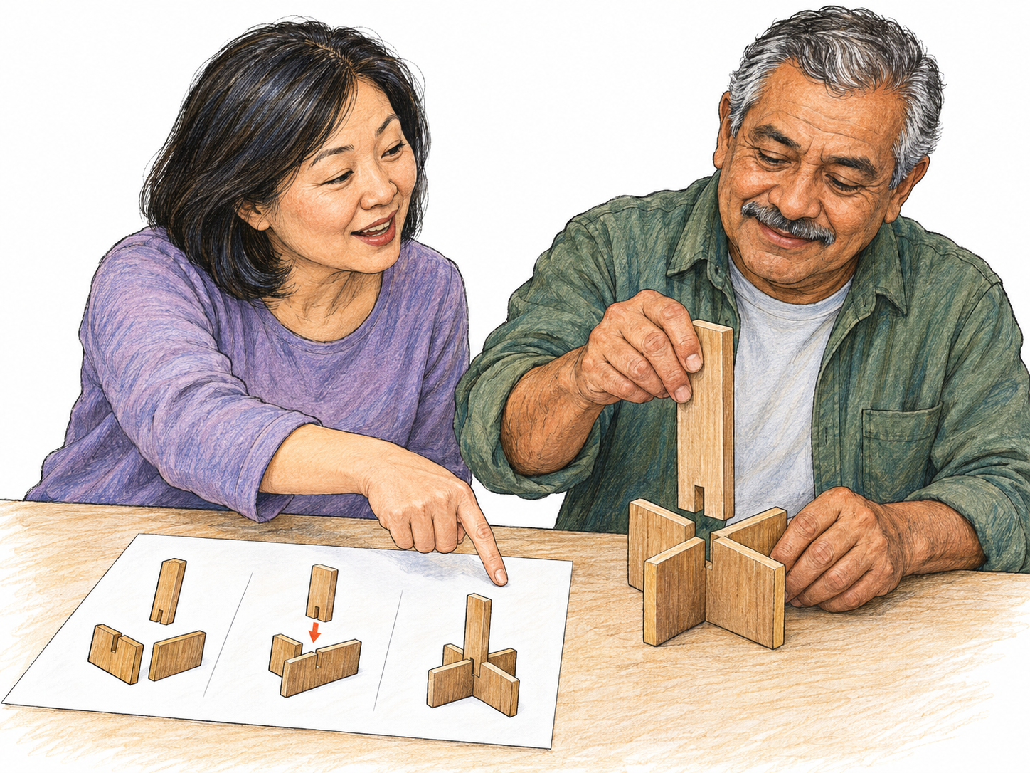 A woman clearly explains a simple three-piece assembly using a text-free step diagram; a man understands and correctly fits the final piece while she points to the matching illustrated step.